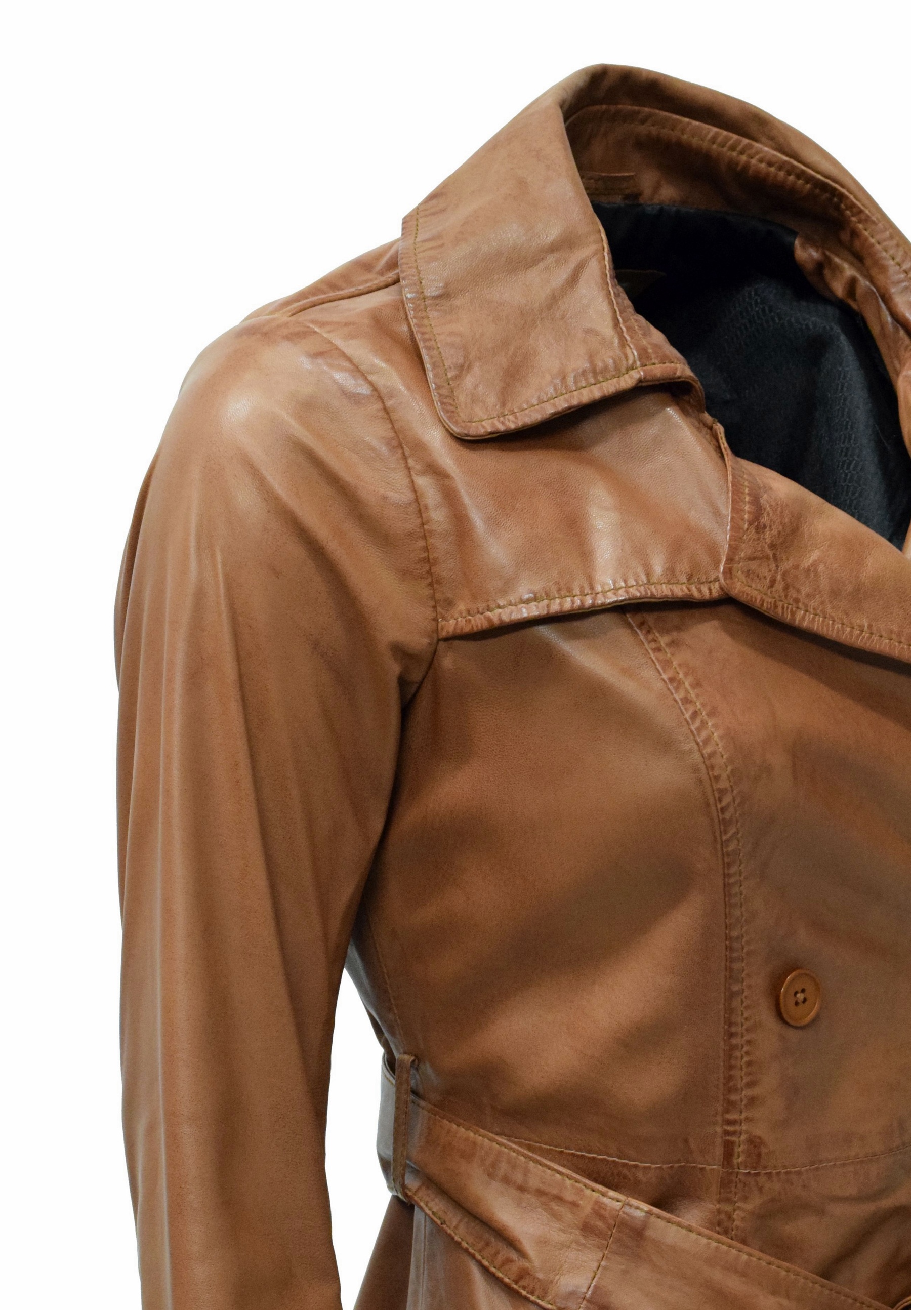 Damen Kurz-Trenchcoat Ledermantel Anna in washed Cognac
