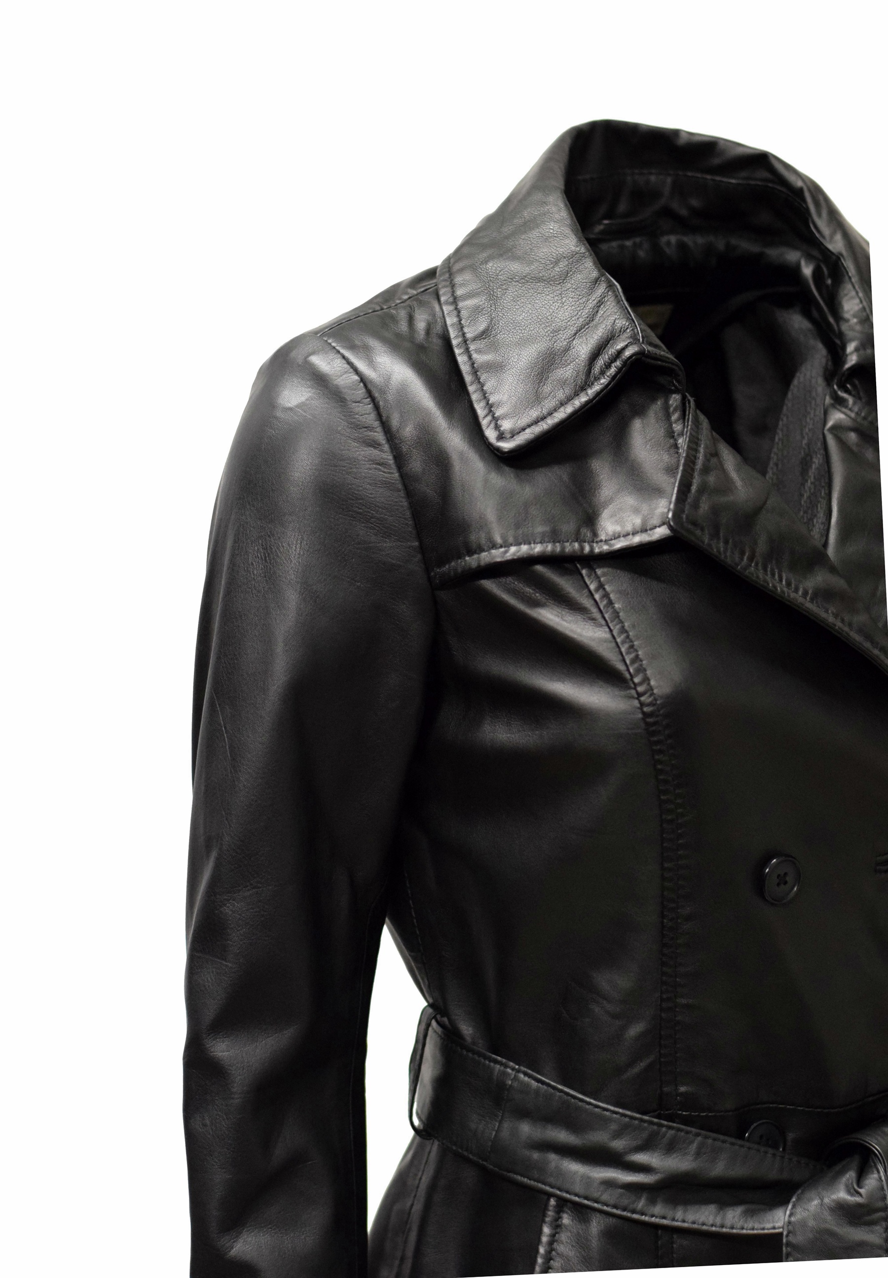 Damen Kurz-Trenchcoat Ledermantel Anna in washed Schwarz