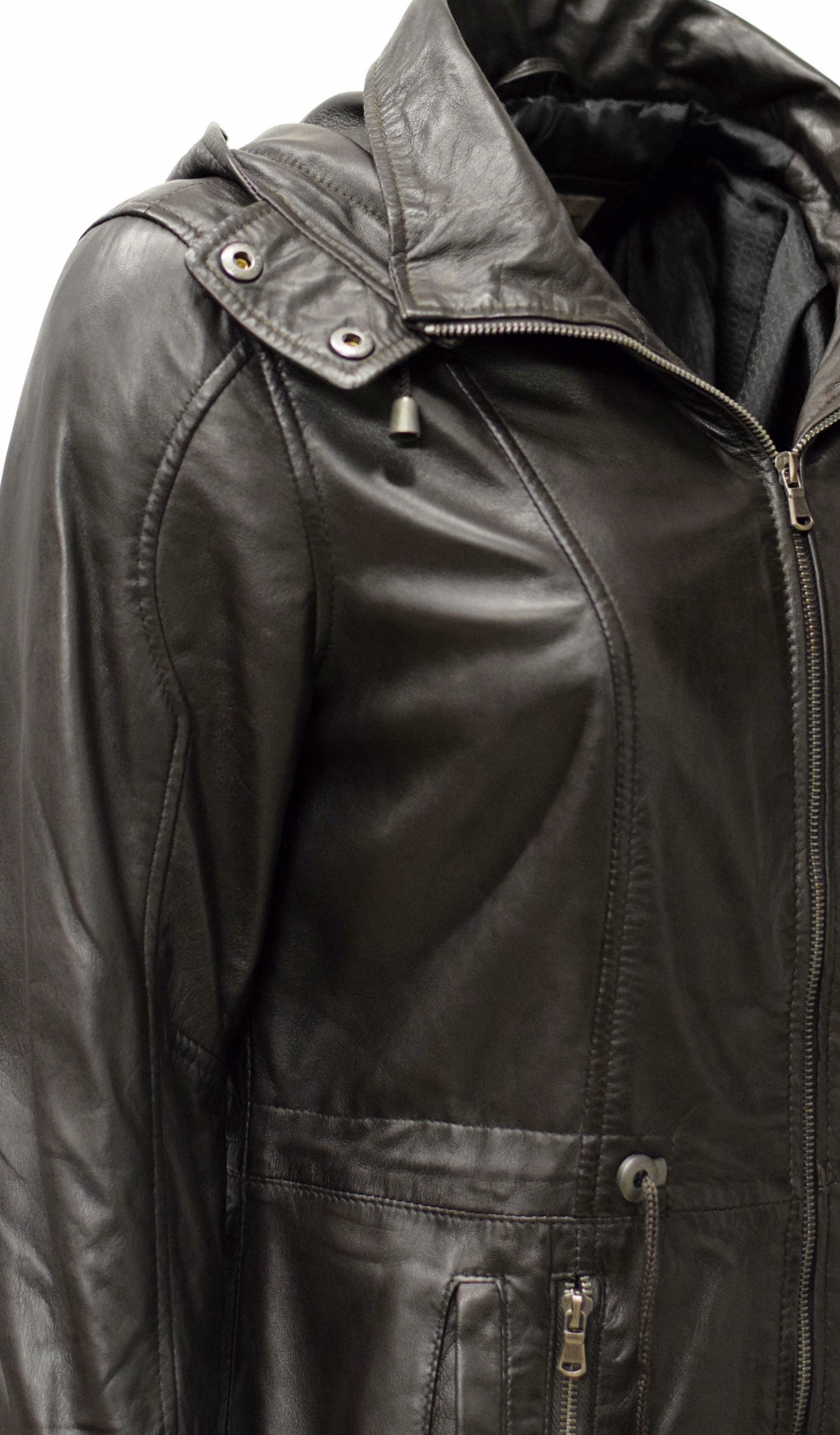 Damen Lederparka Helene mit Kapuze in washed Dunkelbraun
