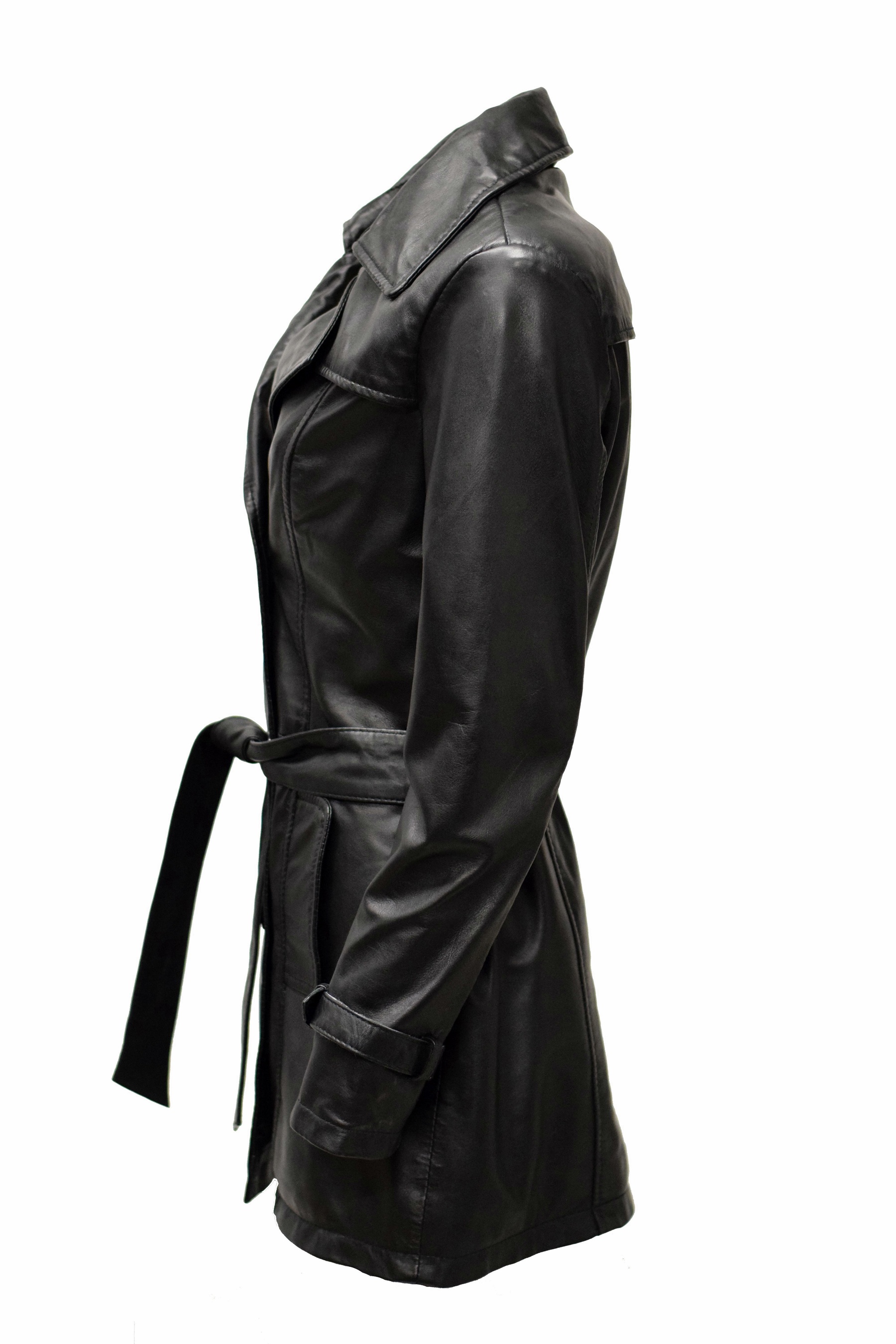 Damen Kurz-Trenchcoat Ledermantel Anna in washed Schwarz