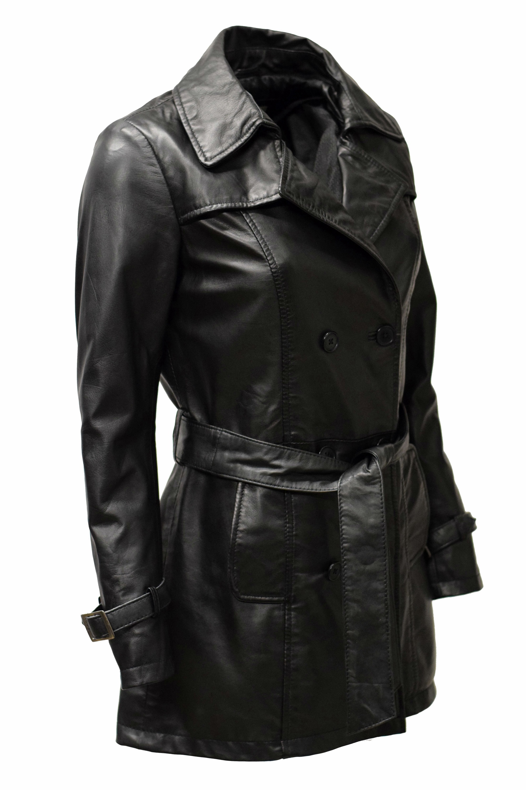 Damen Kurz-Trenchcoat Ledermantel Anna in washed Schwarz