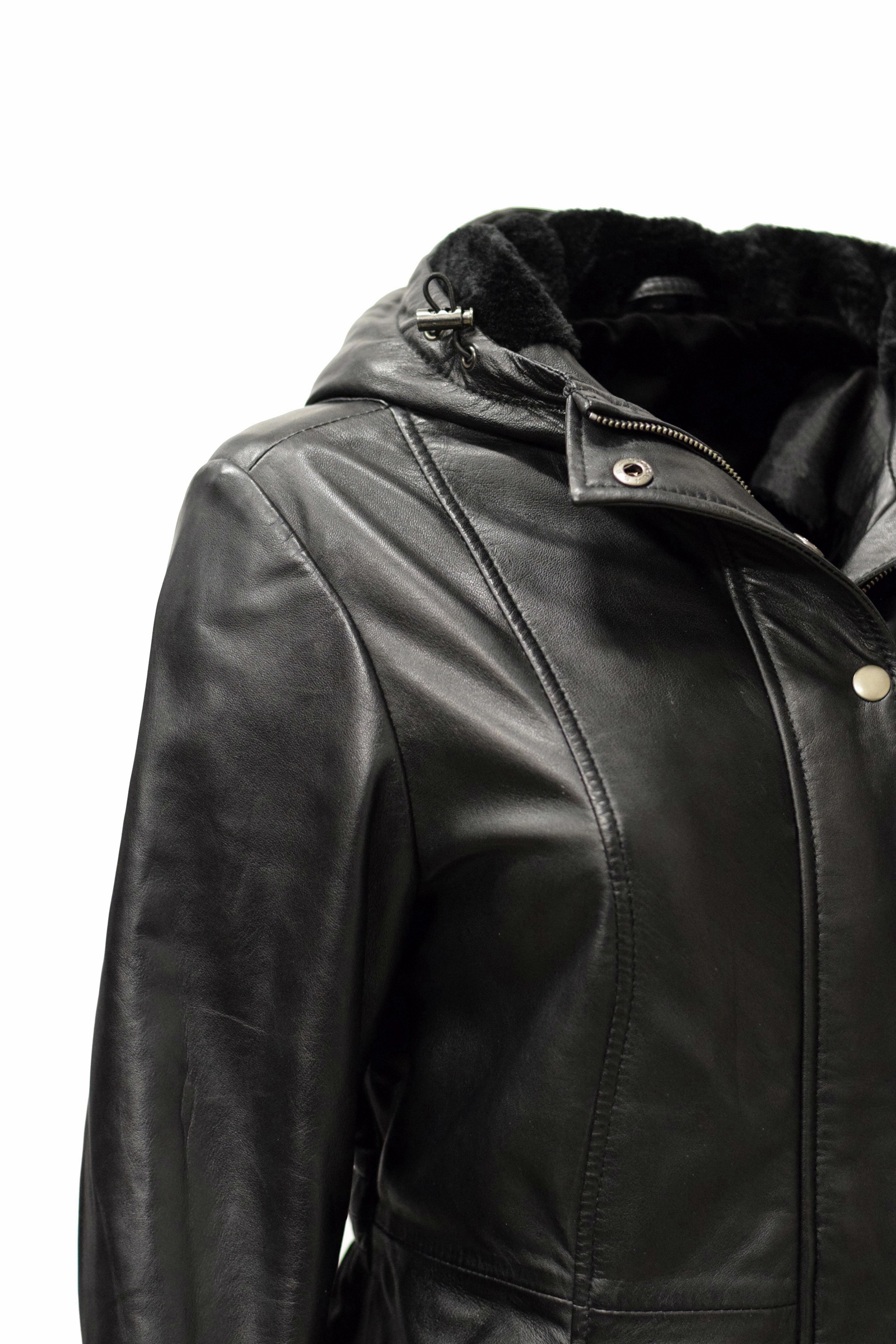 Damen Lederparka Manja mit Fellkapuze in washed Schwarz