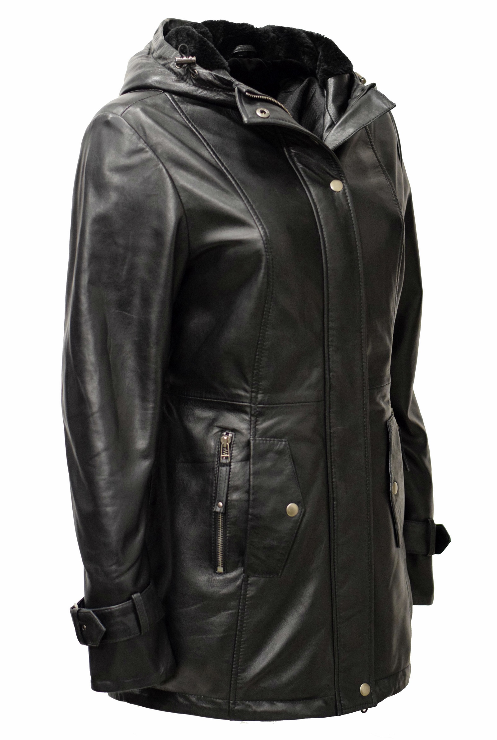 Damen Lederparka Manja mit Fellkapuze in washed Schwarz