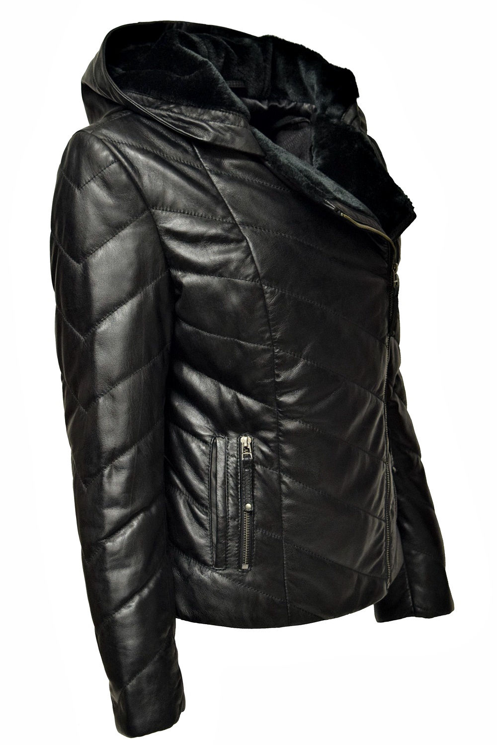 Damen Stepp-Lederjacke Mariella mit Kapuzenkragen in Schwarz