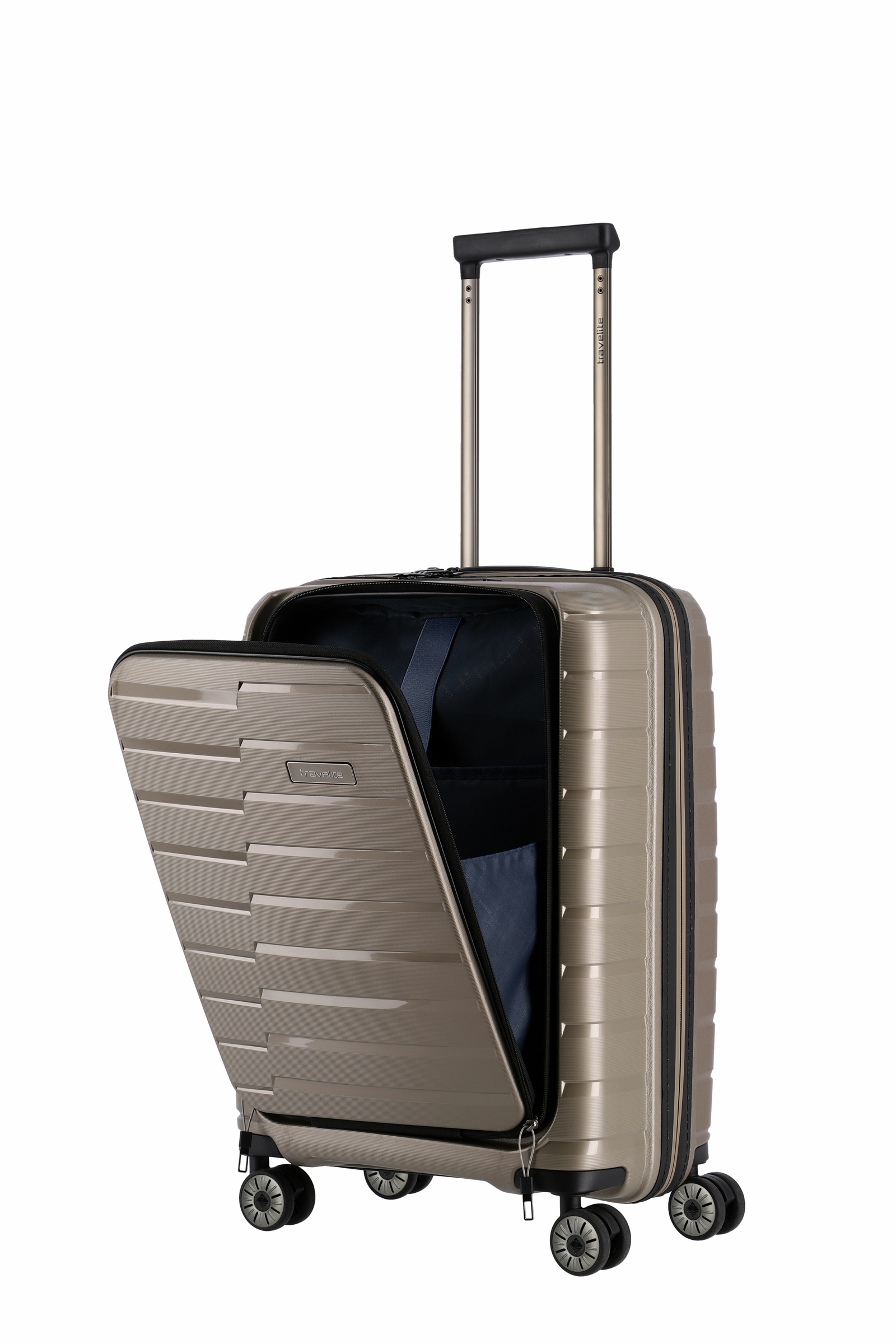 Travelite Koffer Air Base Vortasche 4 Rollen Trolley 55 cm S+ Champagner
