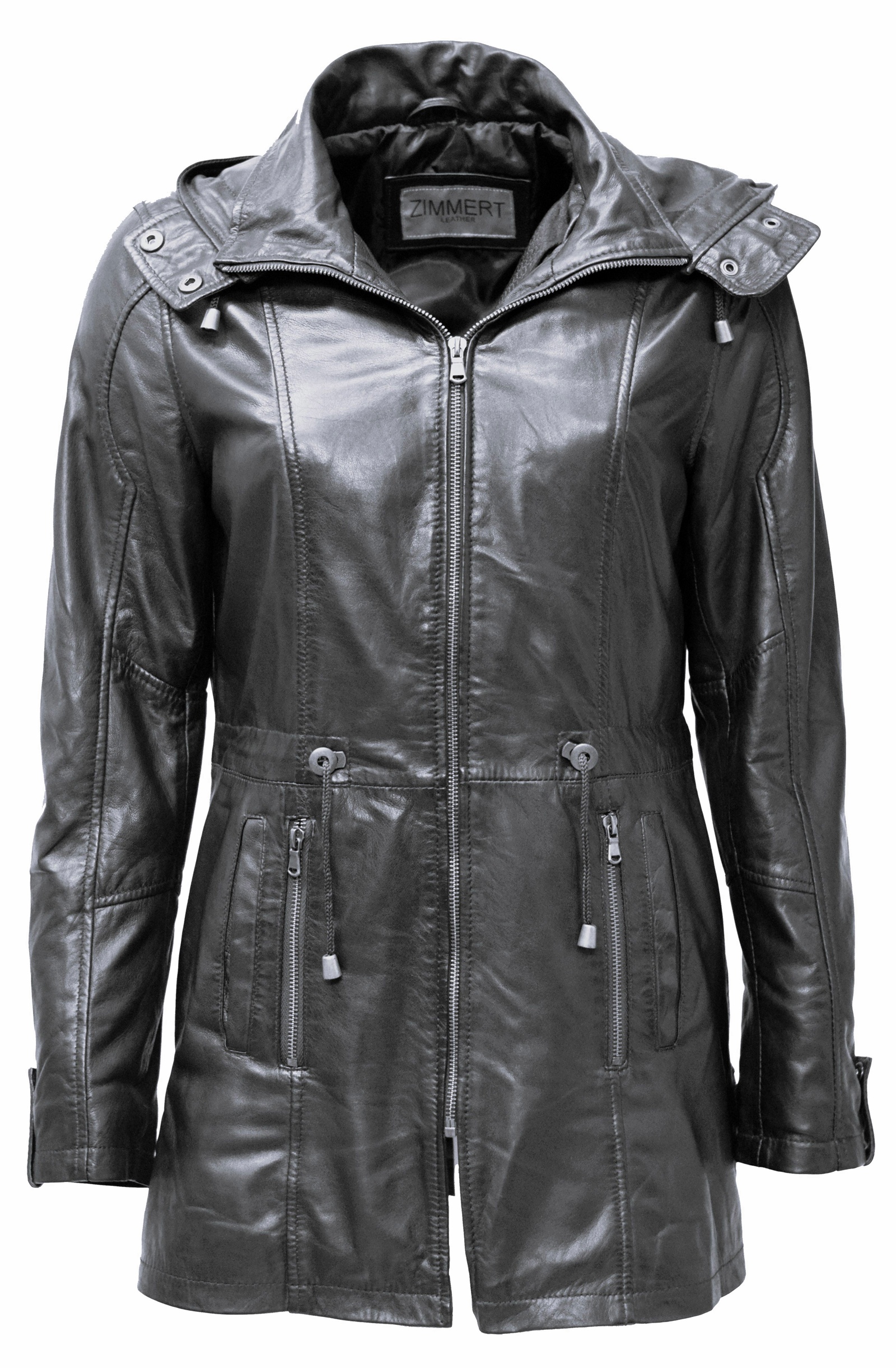 Damen Lederparka Helene mit Kapuze in washed Schwarz