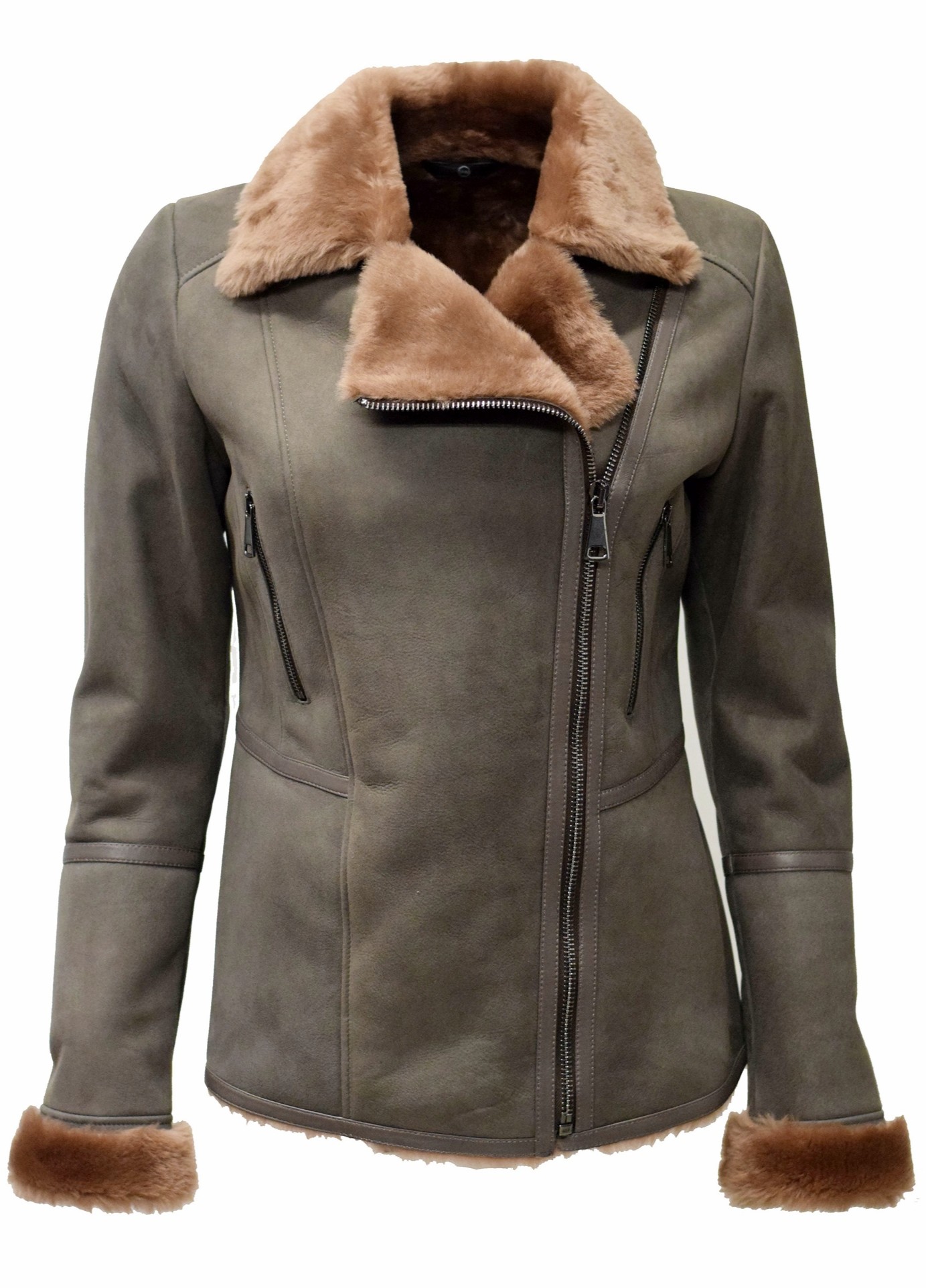 Damen Lammfelljacke Raubiene mit Reverskragen in Grau