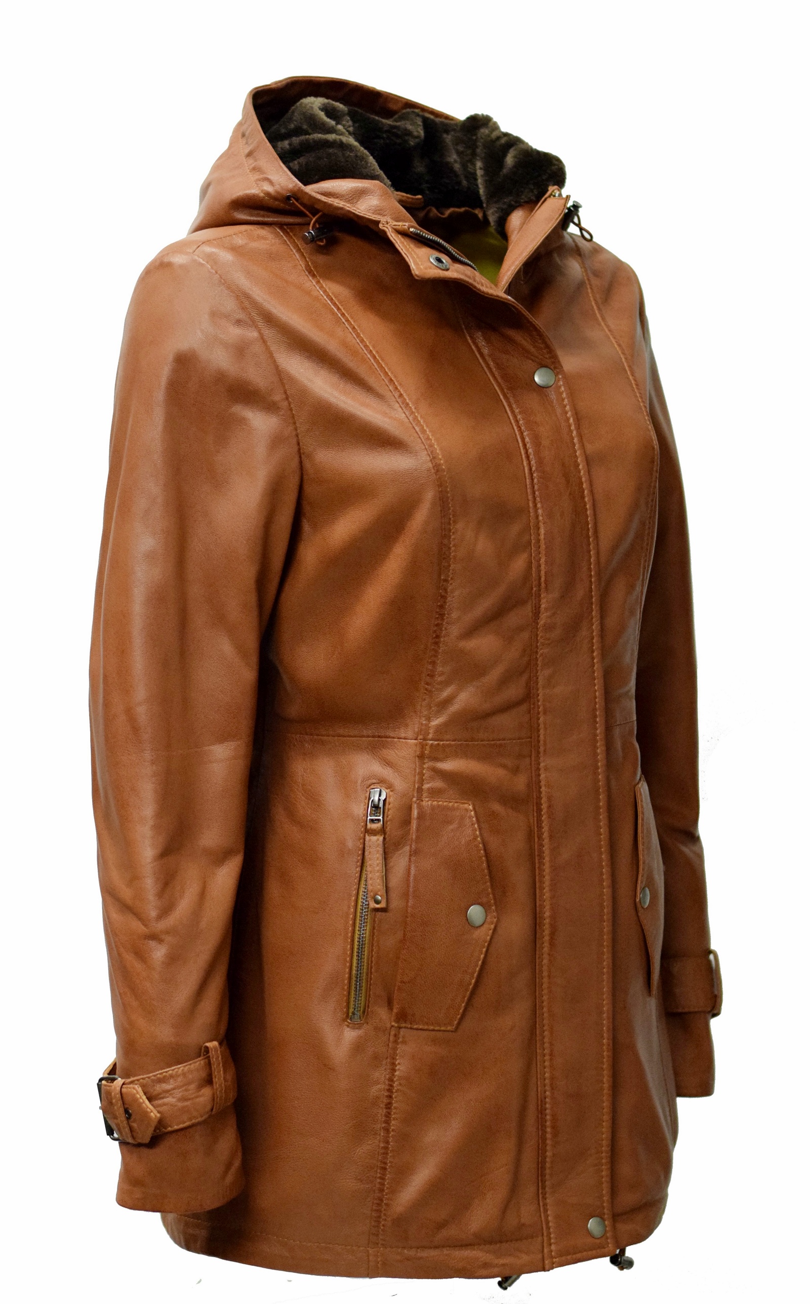 Damen Lederparka Manja mit Fellkapuze in washed Cognac