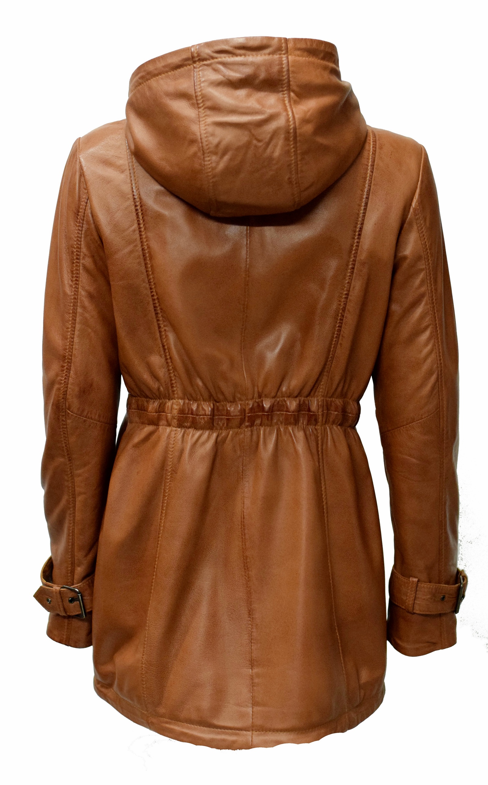 Damen Lederparka Manja mit Fellkapuze in washed Cognac