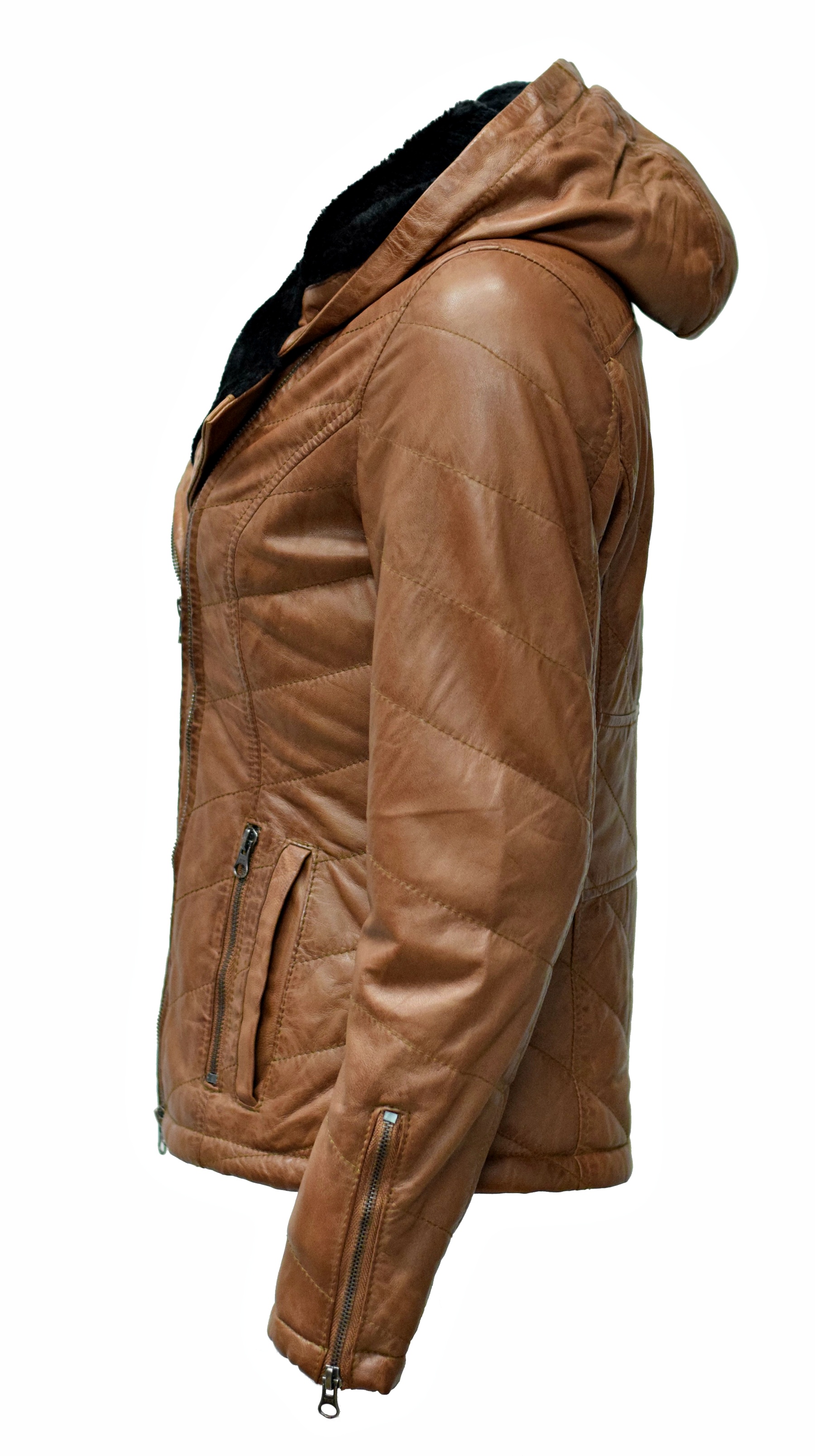 Damen Stepp-Lederjacke Britney mit Kapuzenkragen in Cognacbraun
