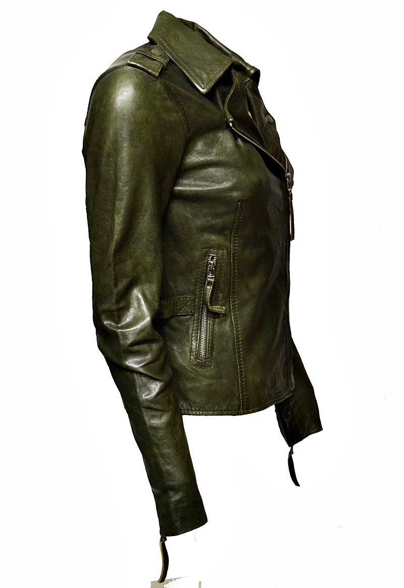 Damen Biker Lederjacke Amalia in Khaki Grün