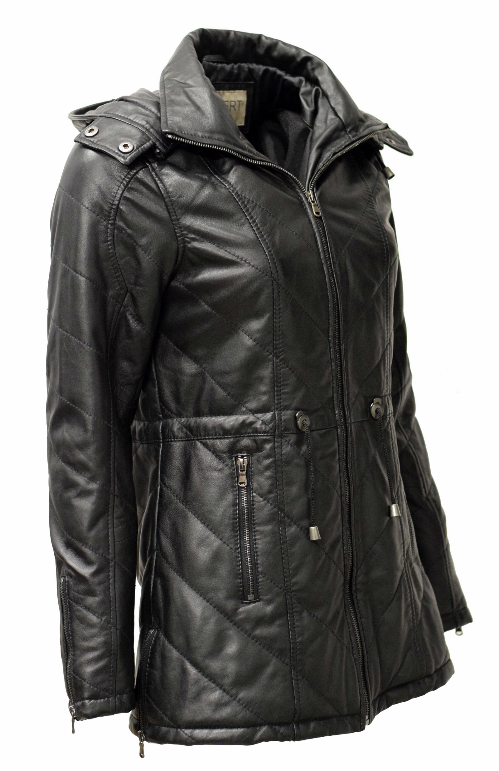 Damen Stepp- Lederparka Jacque mit Kapuze in washed Schwarz