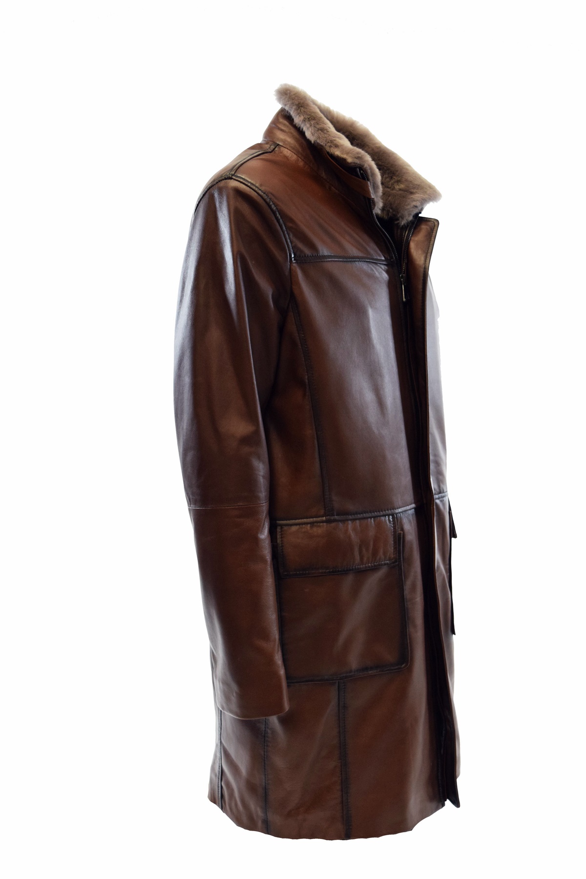 Herren Ledermantel Marrius mit Lammfellkragen in washed Fine Braun