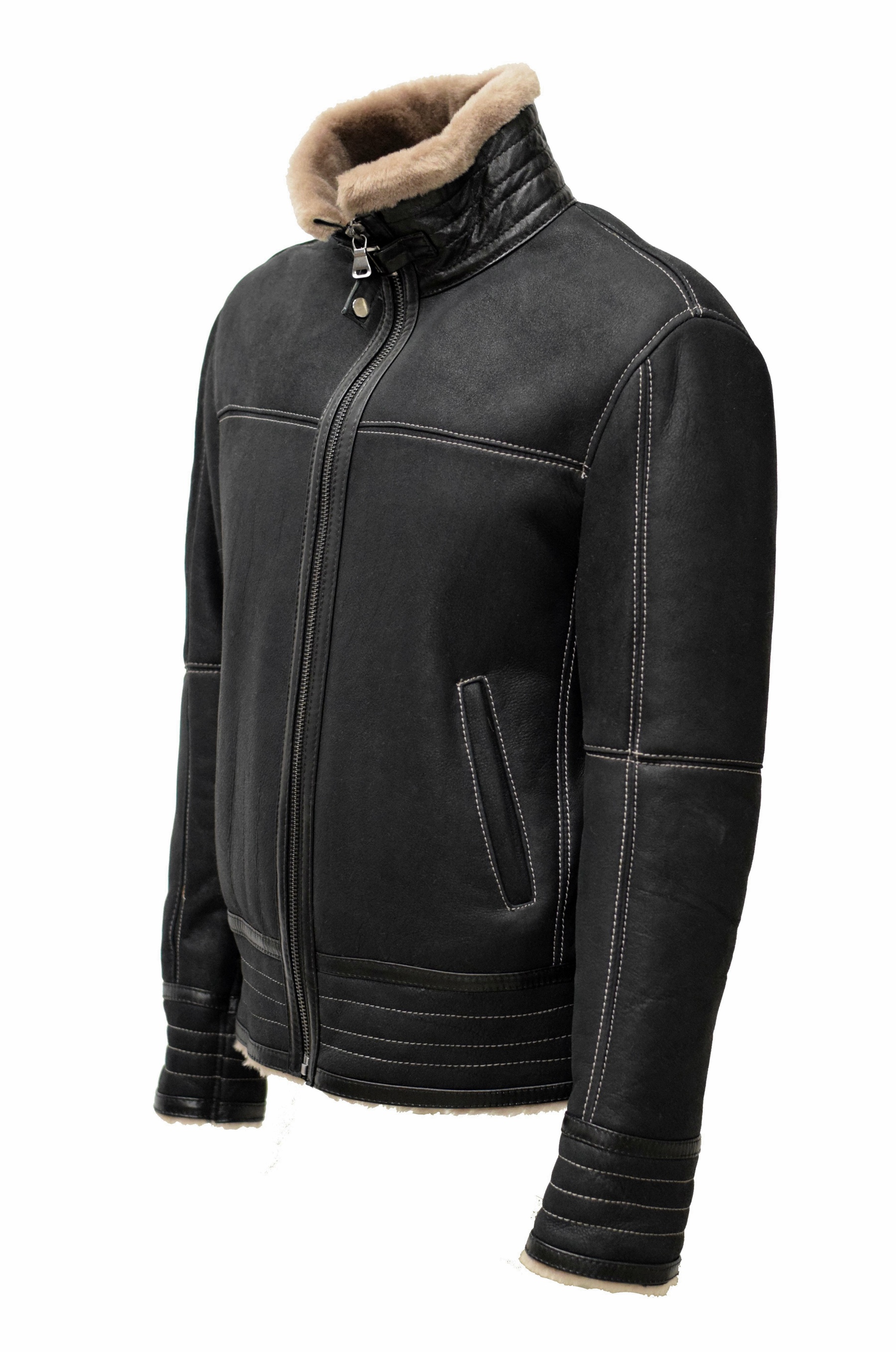 Herren Lammfelljacke Bomber Mark in Schwarzgrau