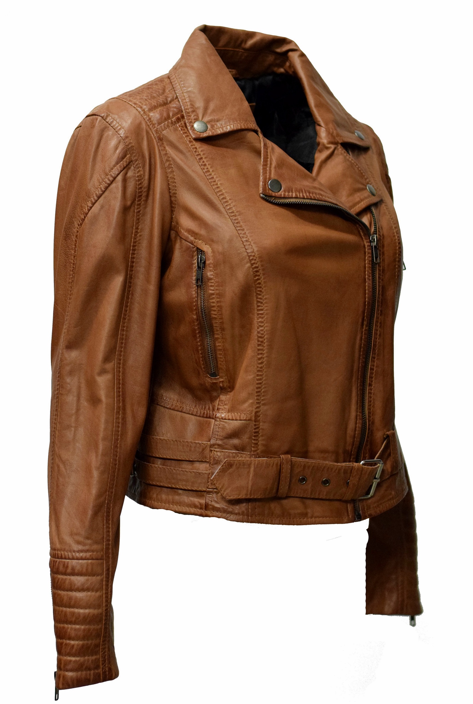 Damen Biker Lederjacke Luua in washed Cognac