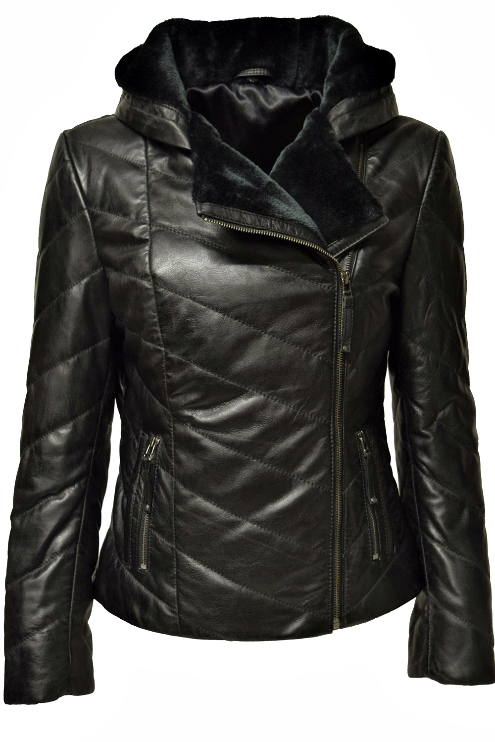 Damen Stepp-Lederjacke Mariella mit Kapuzenkragen in Schwarz