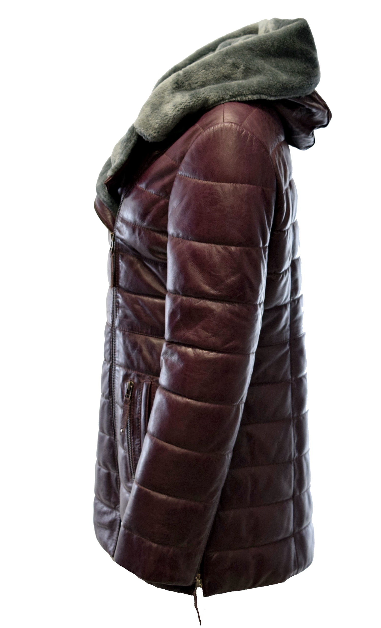 Damen Ledermantel Cindy mit Kapuzenkragen in Burgundy