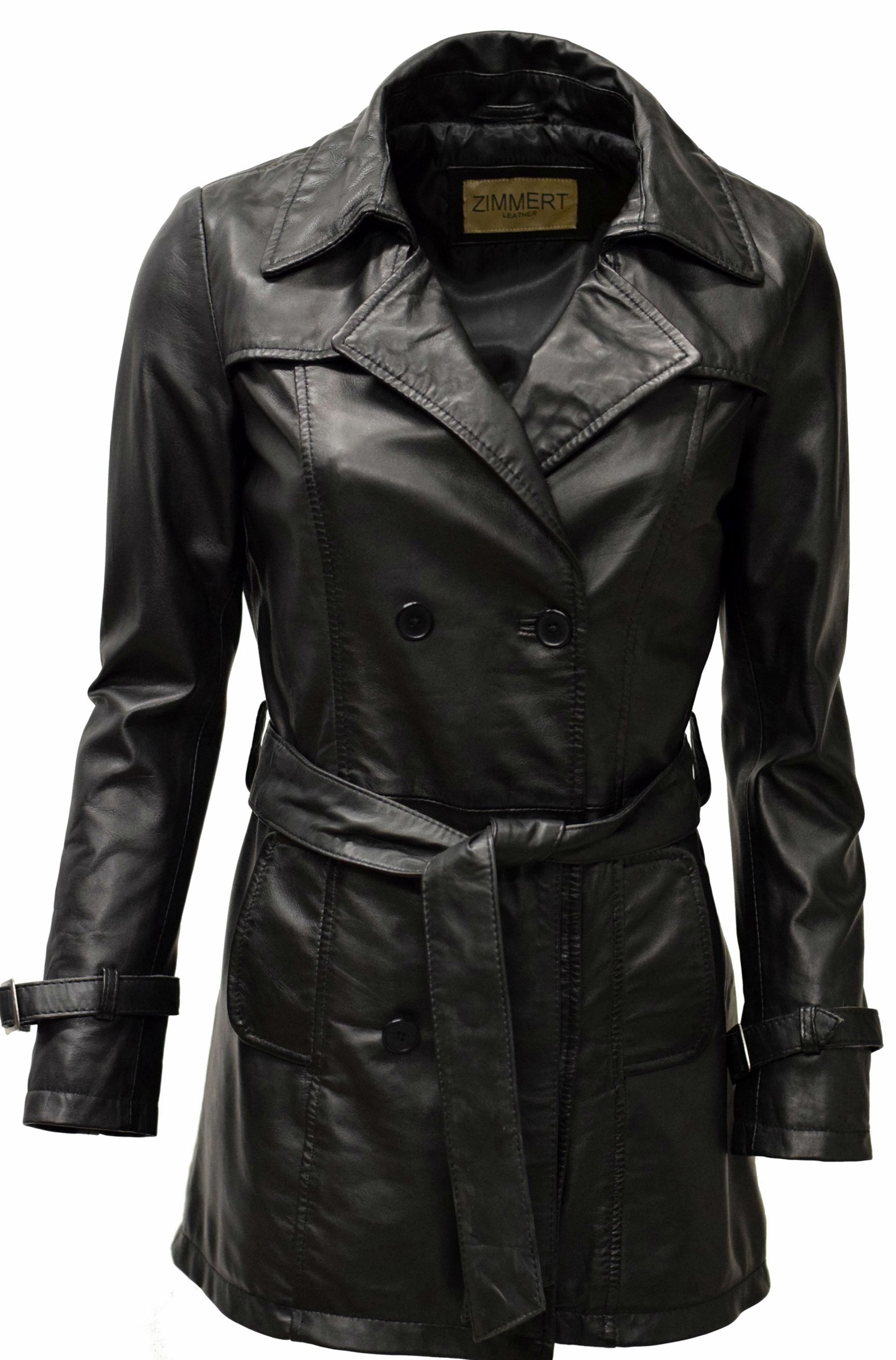 Damen Kurz-Trenchcoat Ledermantel Anna in washed Schwarz