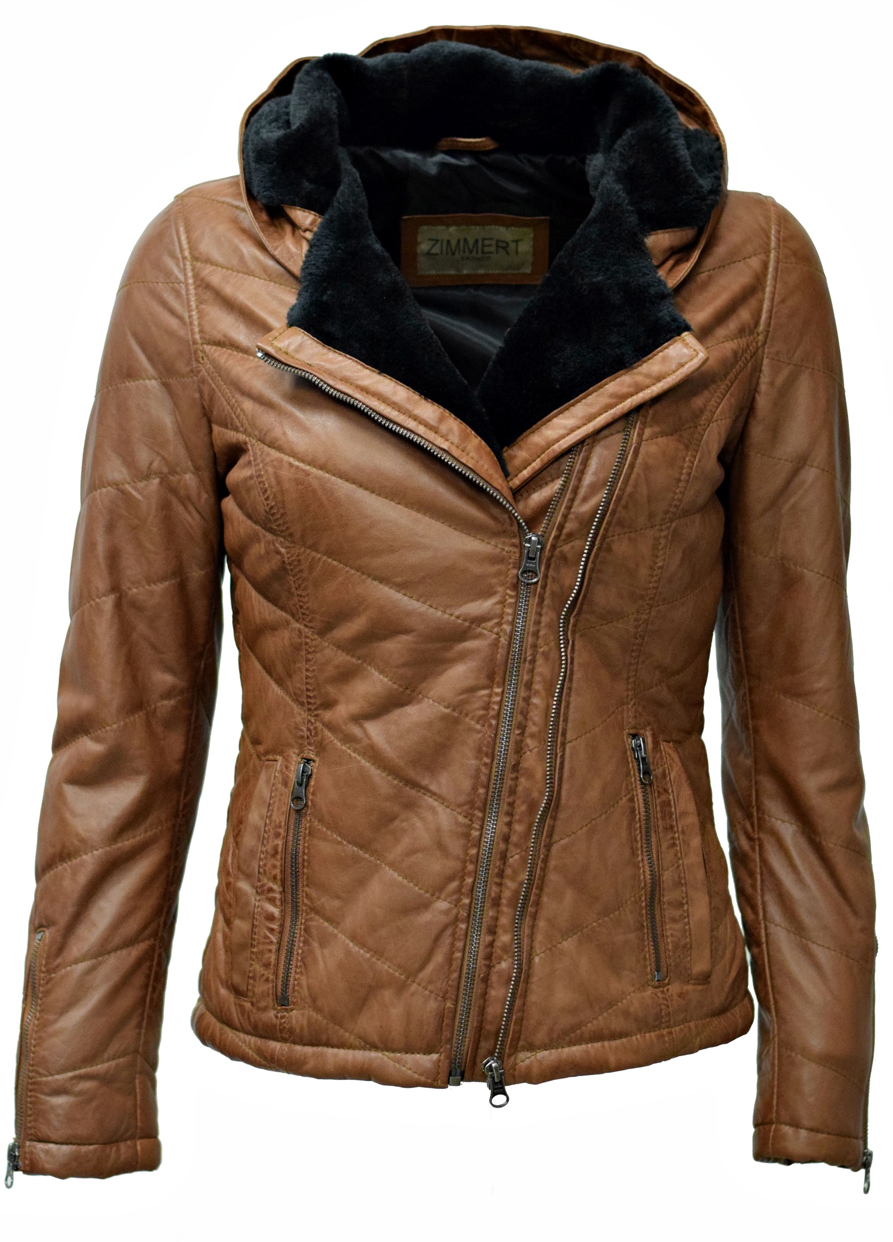 Damen Stepp-Lederjacke Britney mit Kapuzenkragen in Cognacbraun