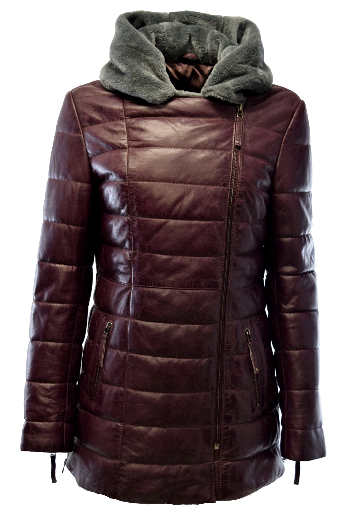 Damen Ledermantel Cindy mit Kapuzenkragen in Burgundy