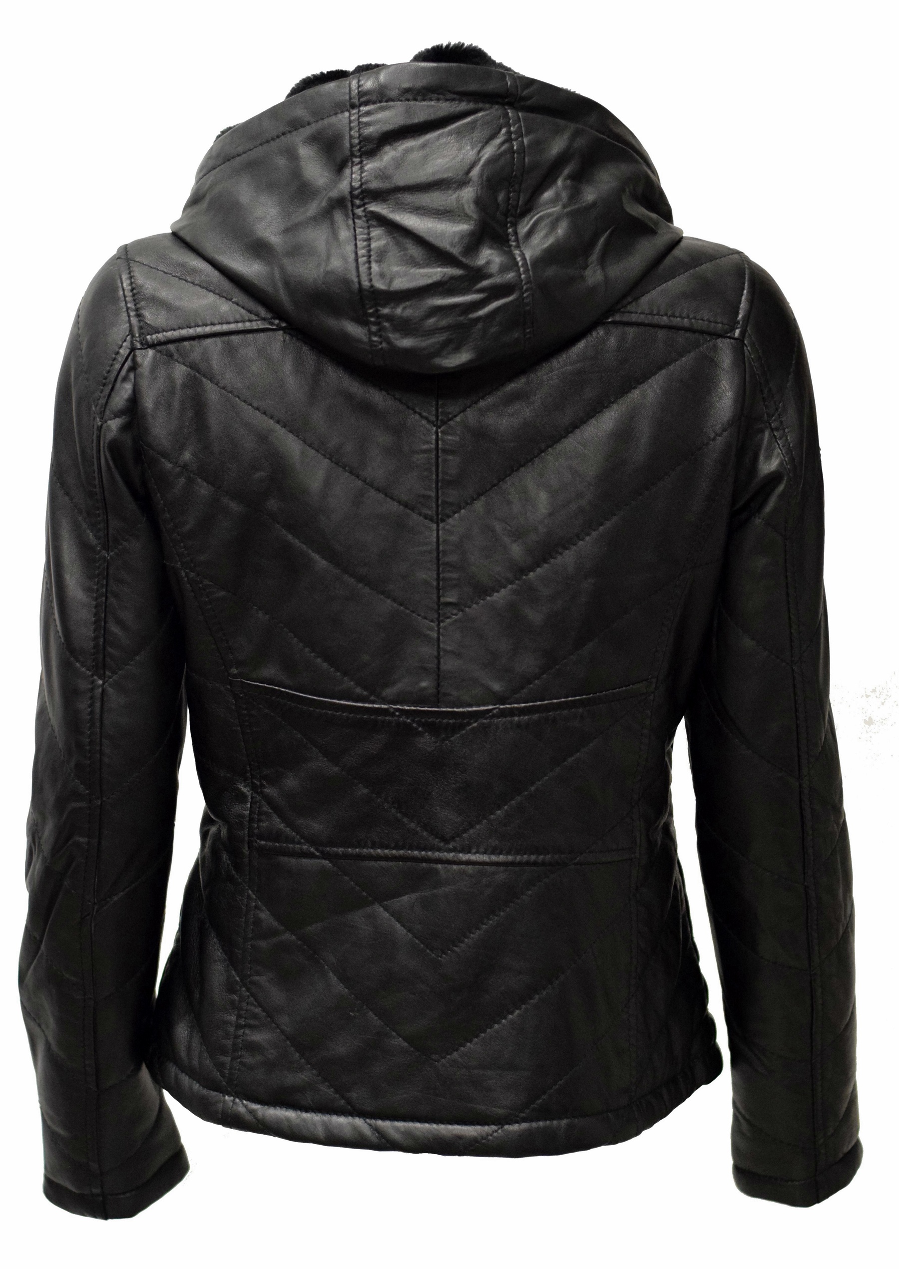 Damen Stepp-Lederjacke Britney mit Kapuzenkragen in Schwarz