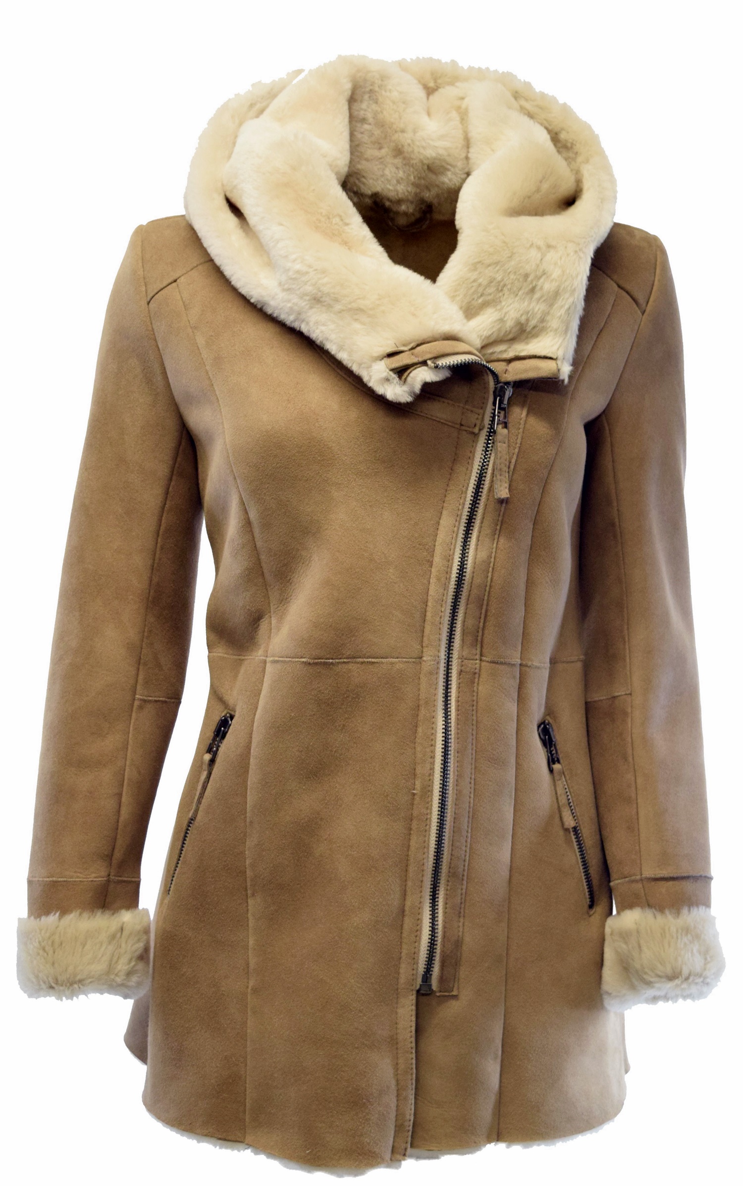Damen Lammfellmantel Olivia mit großer Kapuze in Sandbeige