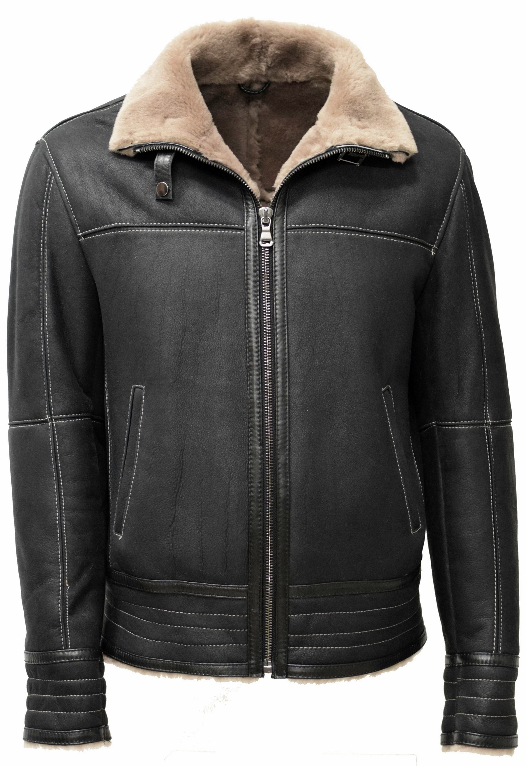 Herren Lammfelljacke Bomber Mark in Schwarzgrau