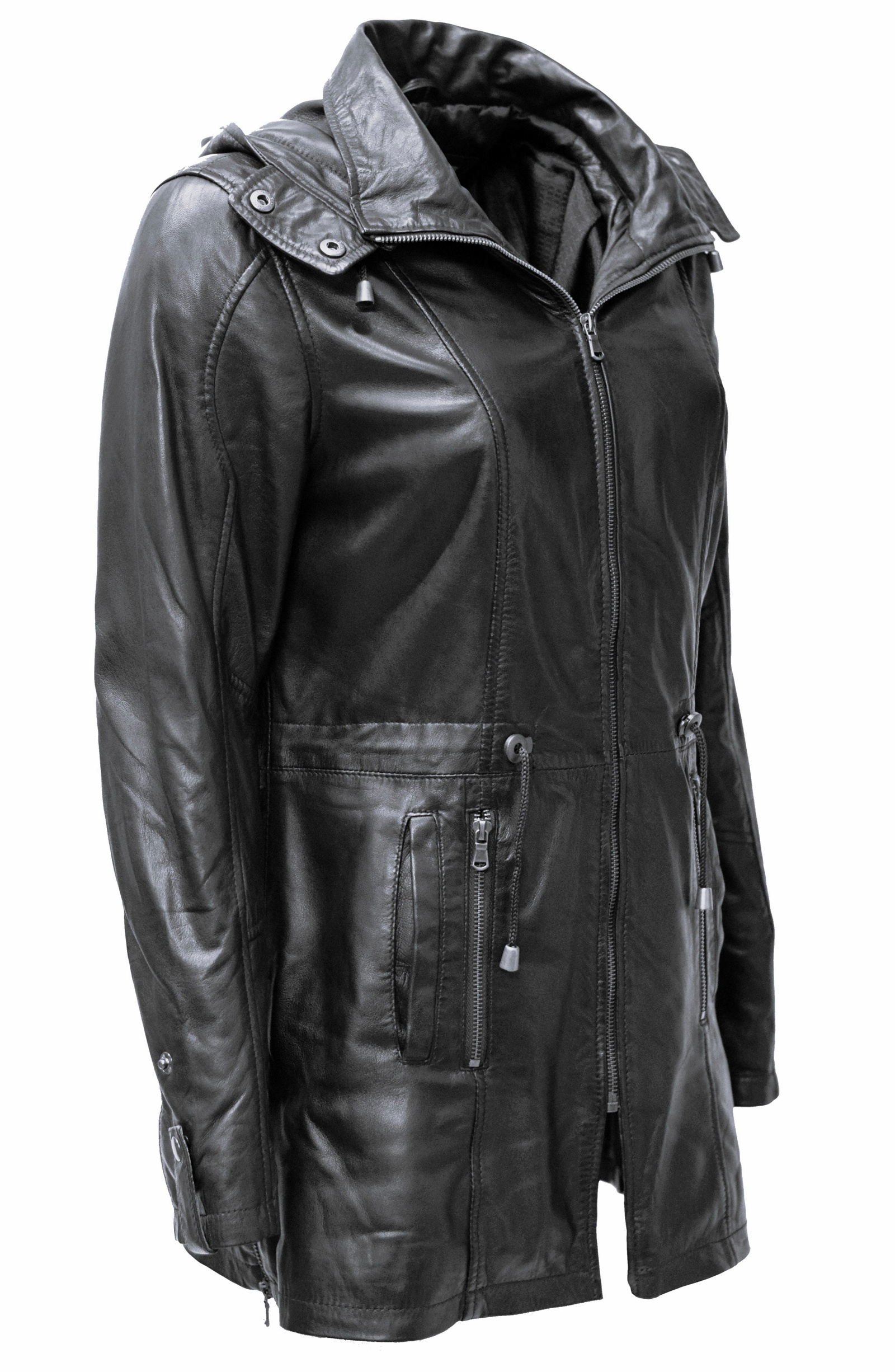 Damen Lederparka Helene mit Kapuze in washed Schwarz