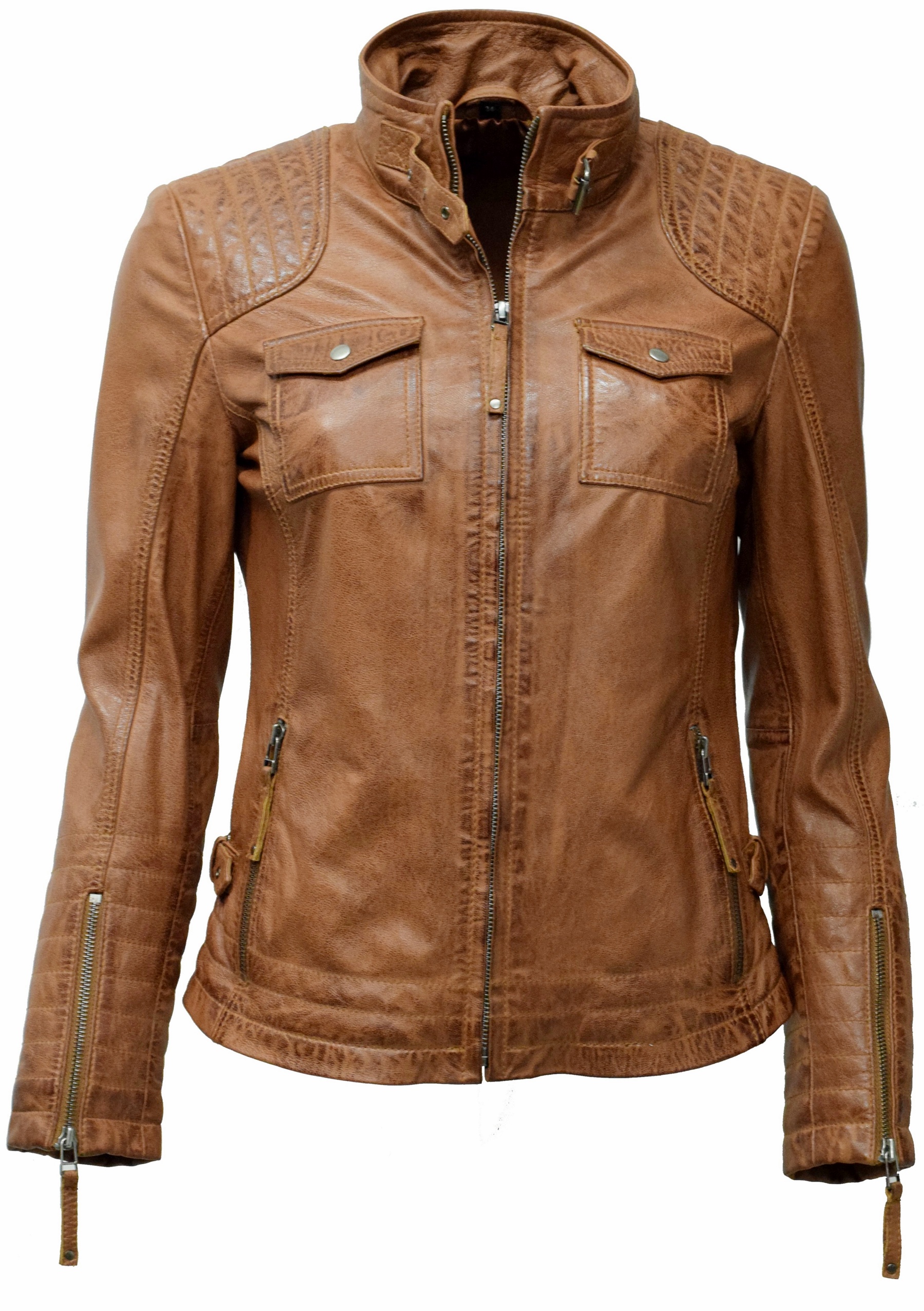 Damen Lederjacke Emmy gesteppt washed Cognac