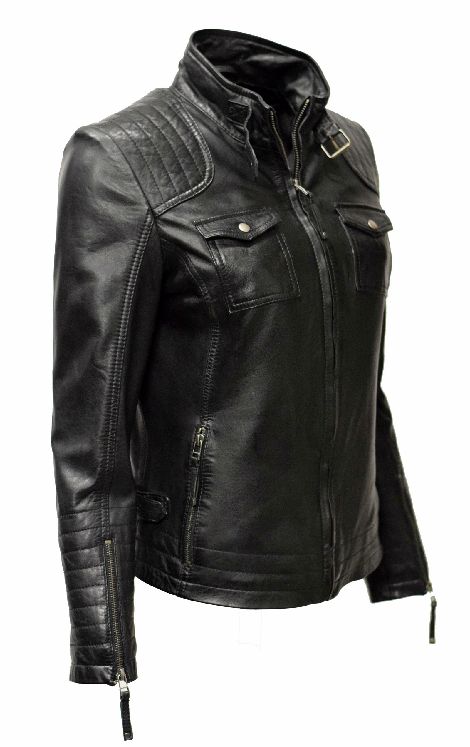 Damen Lederjacke Emmy gesteppt washed Schwarz