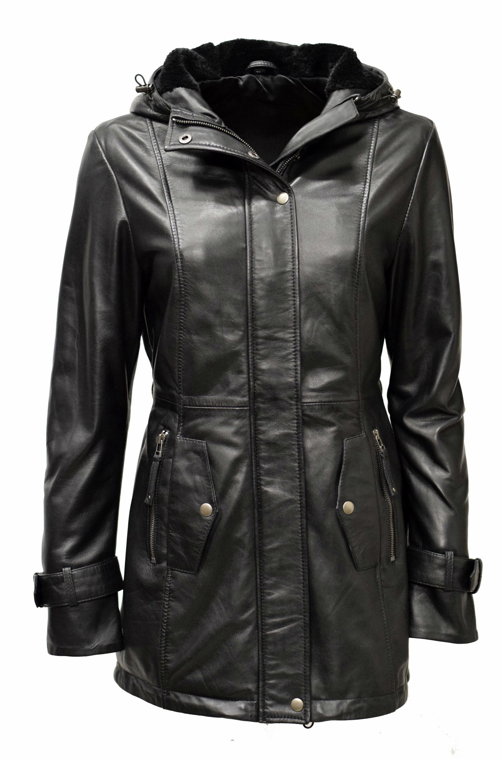 Damen Lederparka Manja mit Fellkapuze in washed Schwarz