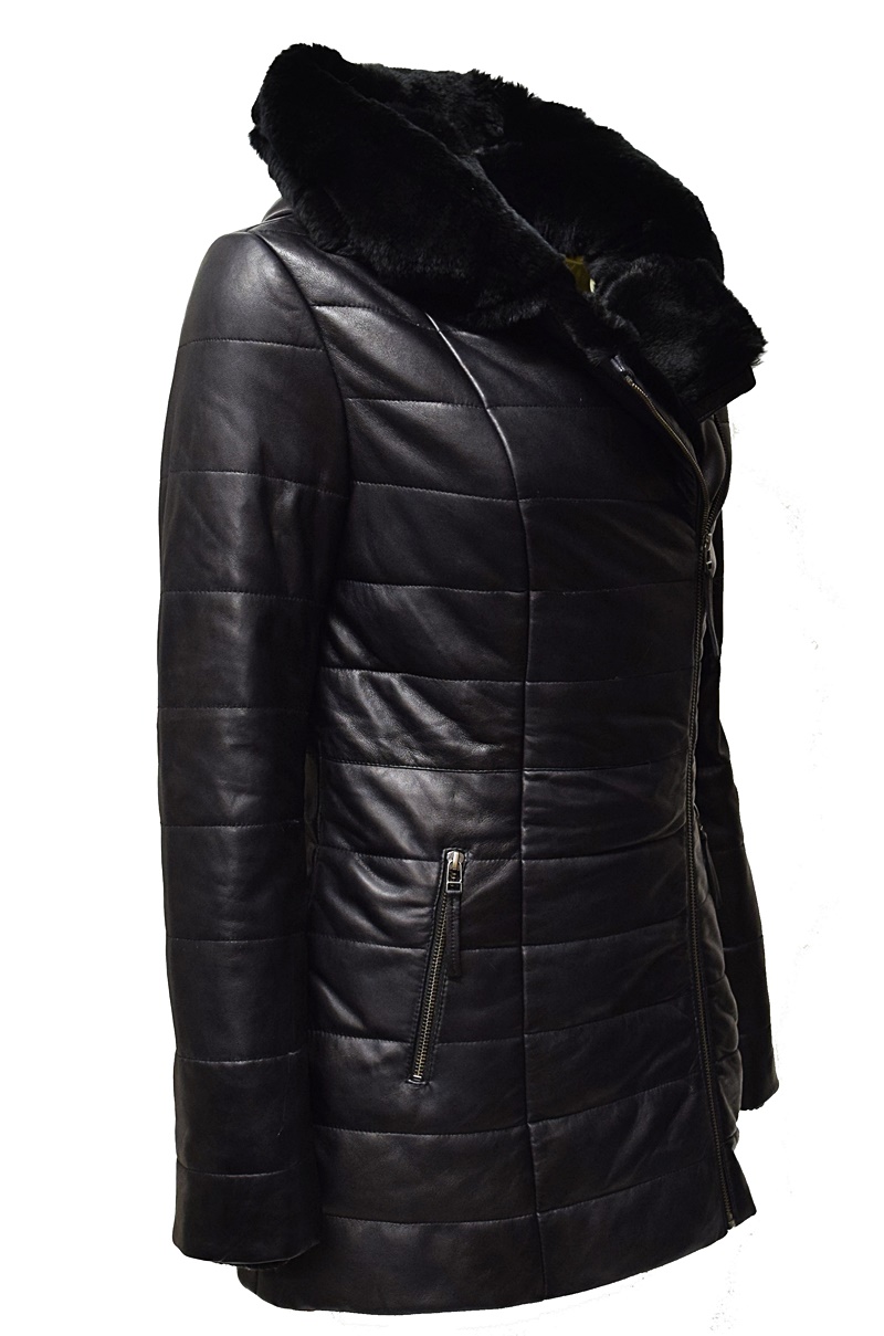 Damen Ledermantel Cindy mit Kapuzenkragen in Schwarz