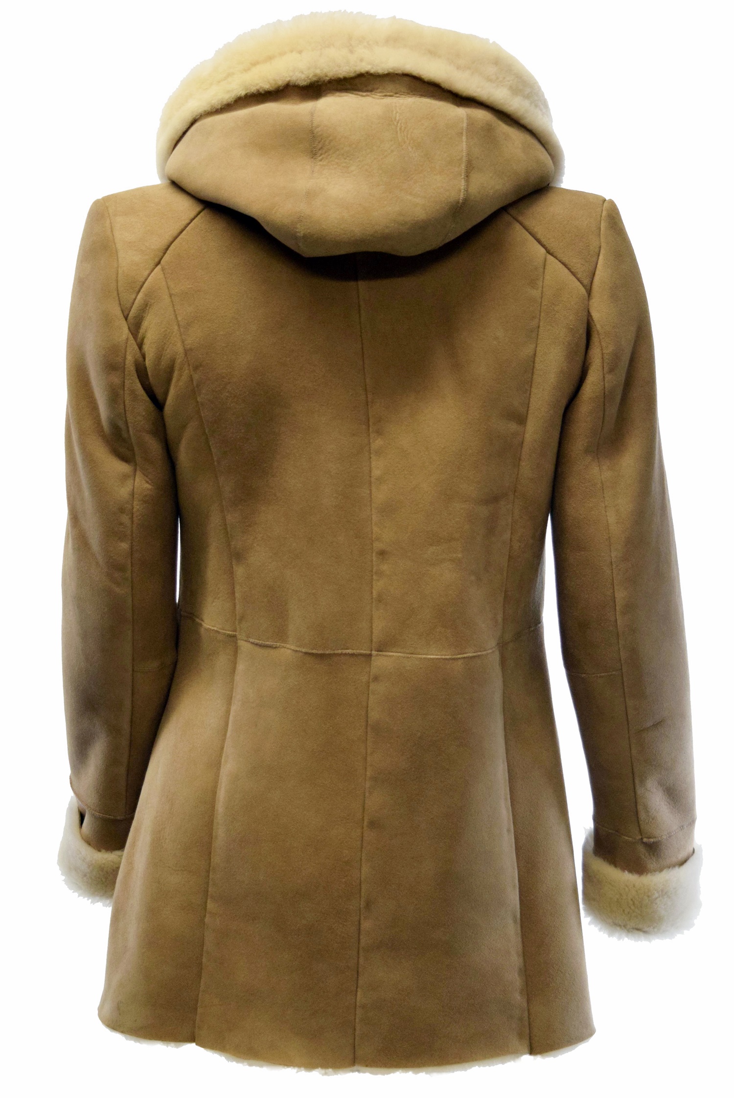 Damen Lammfellmantel Olivia mit großer Kapuze in Sandbeige