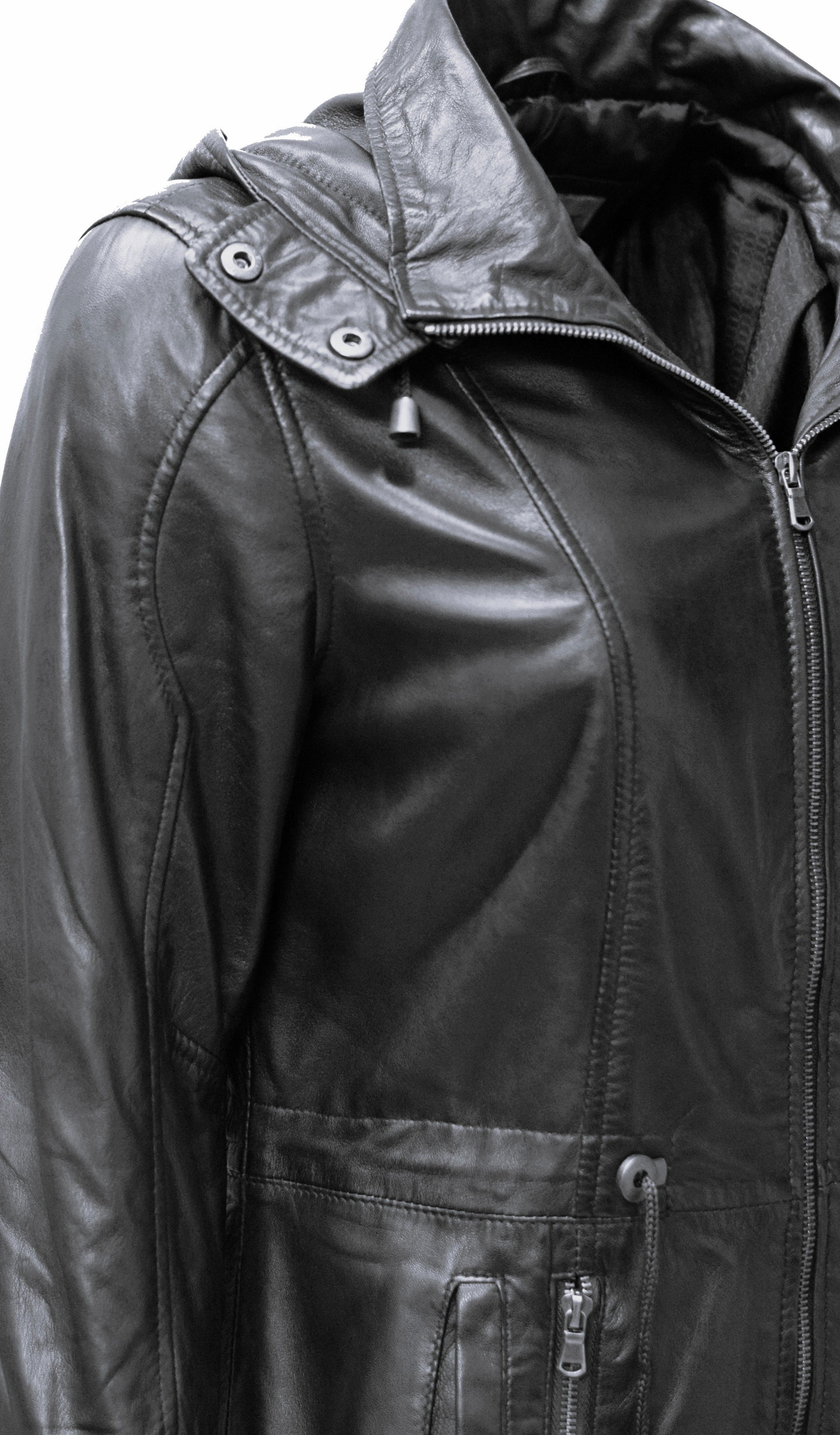 Damen Lederparka Helene mit Kapuze in washed Schwarz
