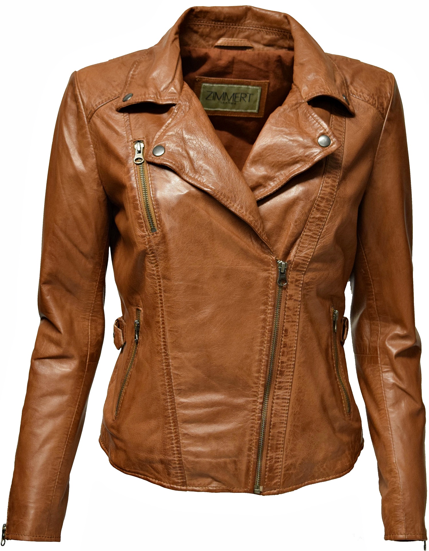 Damen Lederjacke Stella im Biker Stil in Cognac Braun