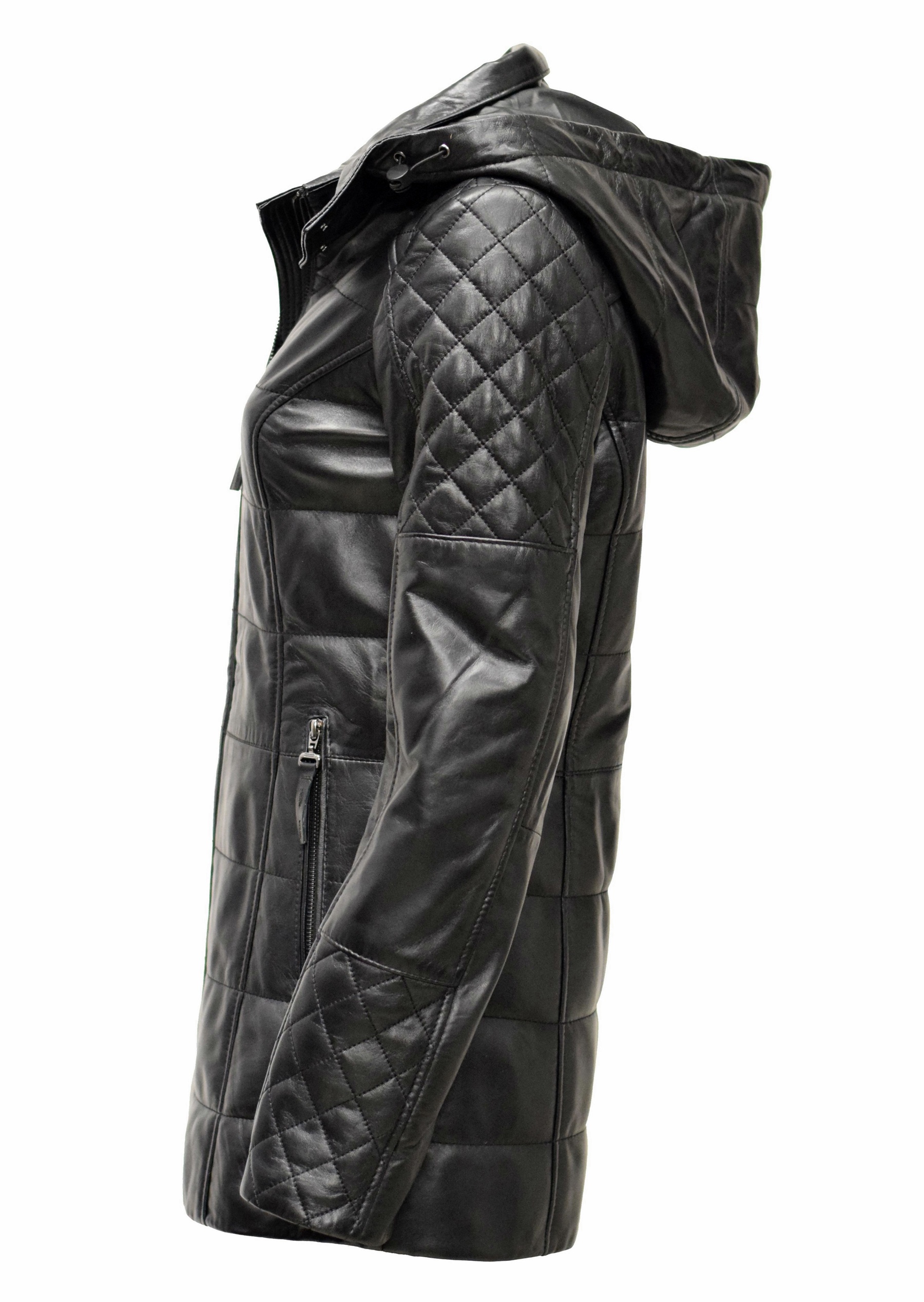 Damen Lederparka Rita mit Kapuze in fine Schwarz
