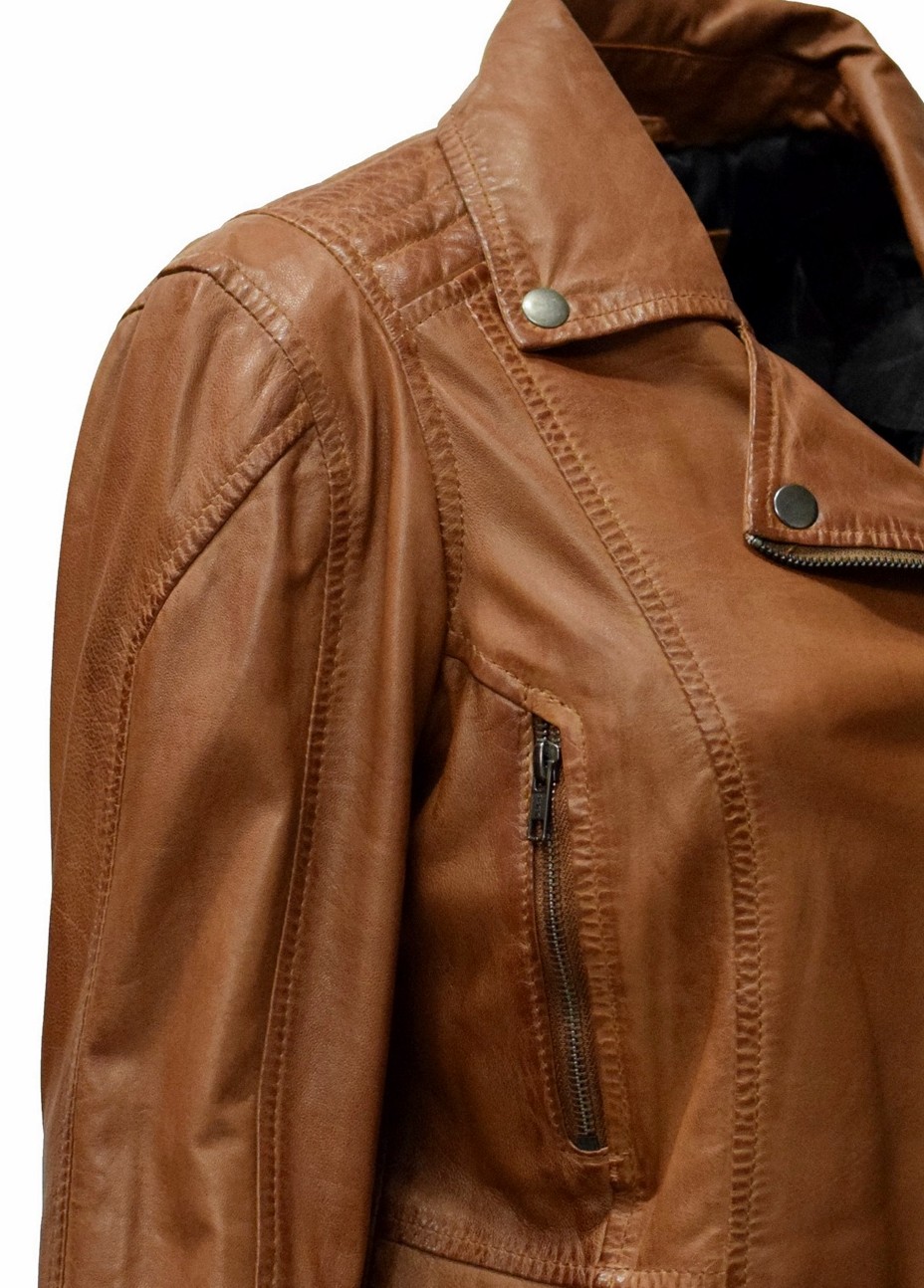 Damen Biker Lederjacke Luua in washed Cognac