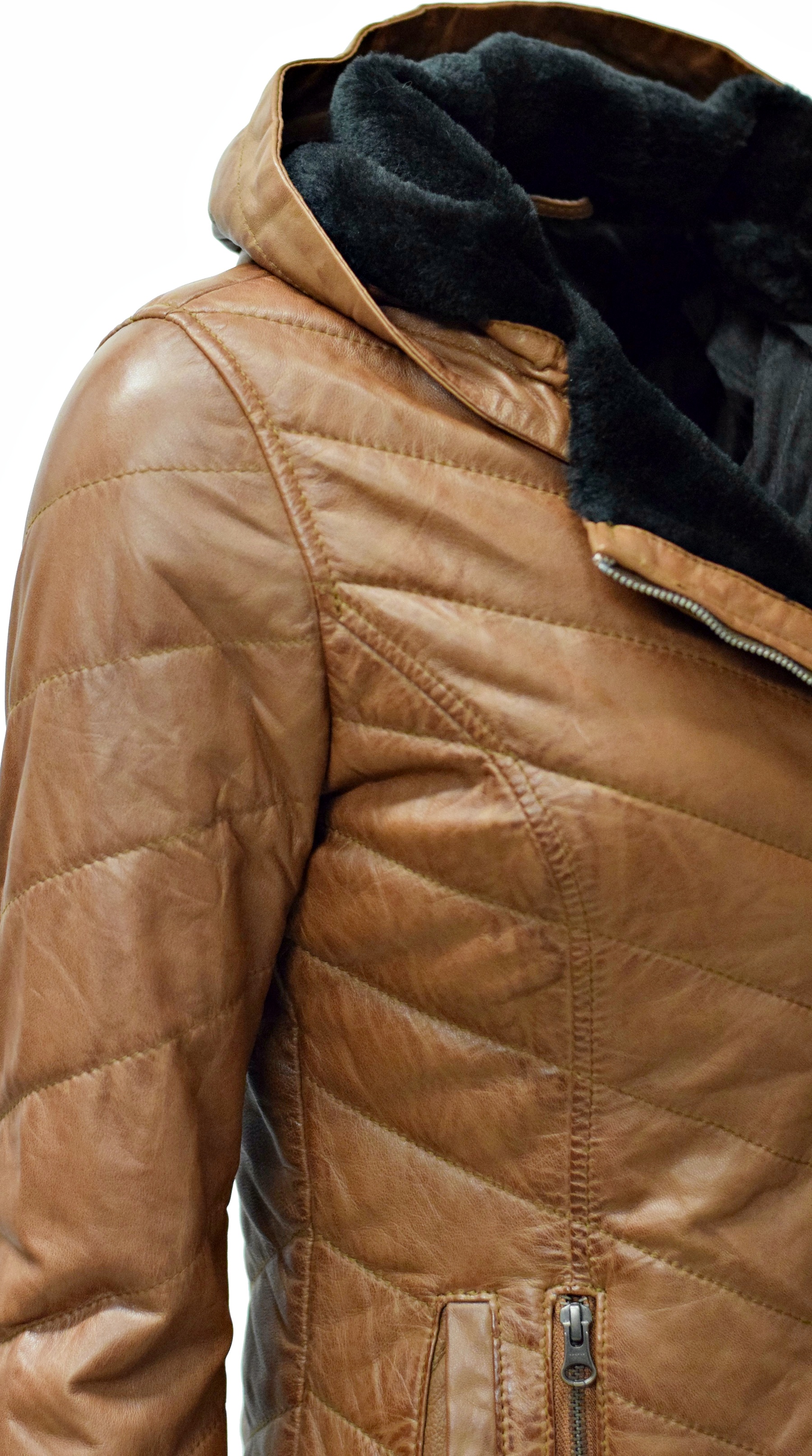 Damen Stepp-Lederjacke Britney mit Kapuzenkragen in Cognacbraun
