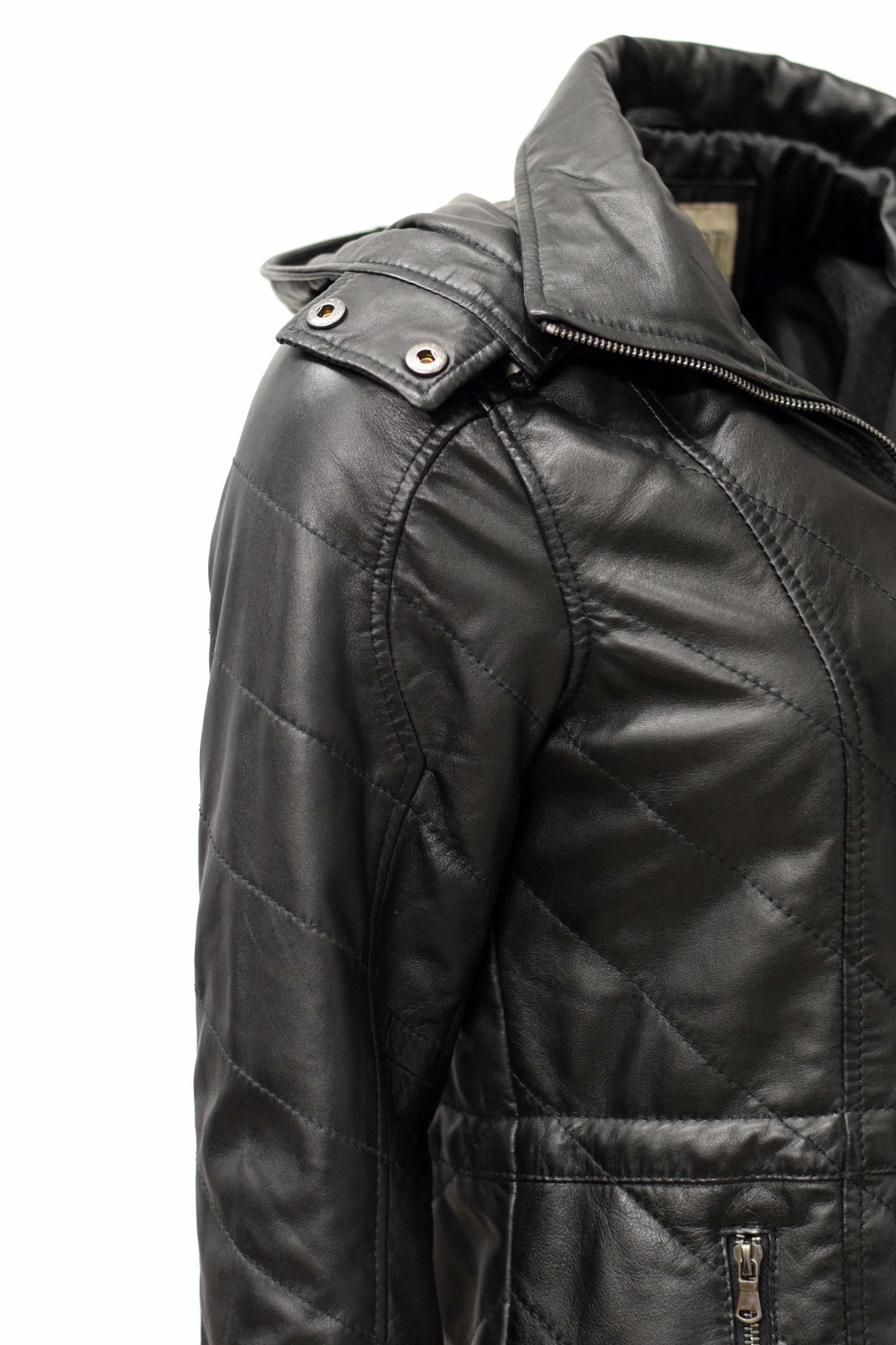 Damen Stepp- Lederparka Jacque mit Kapuze in washed Schwarz