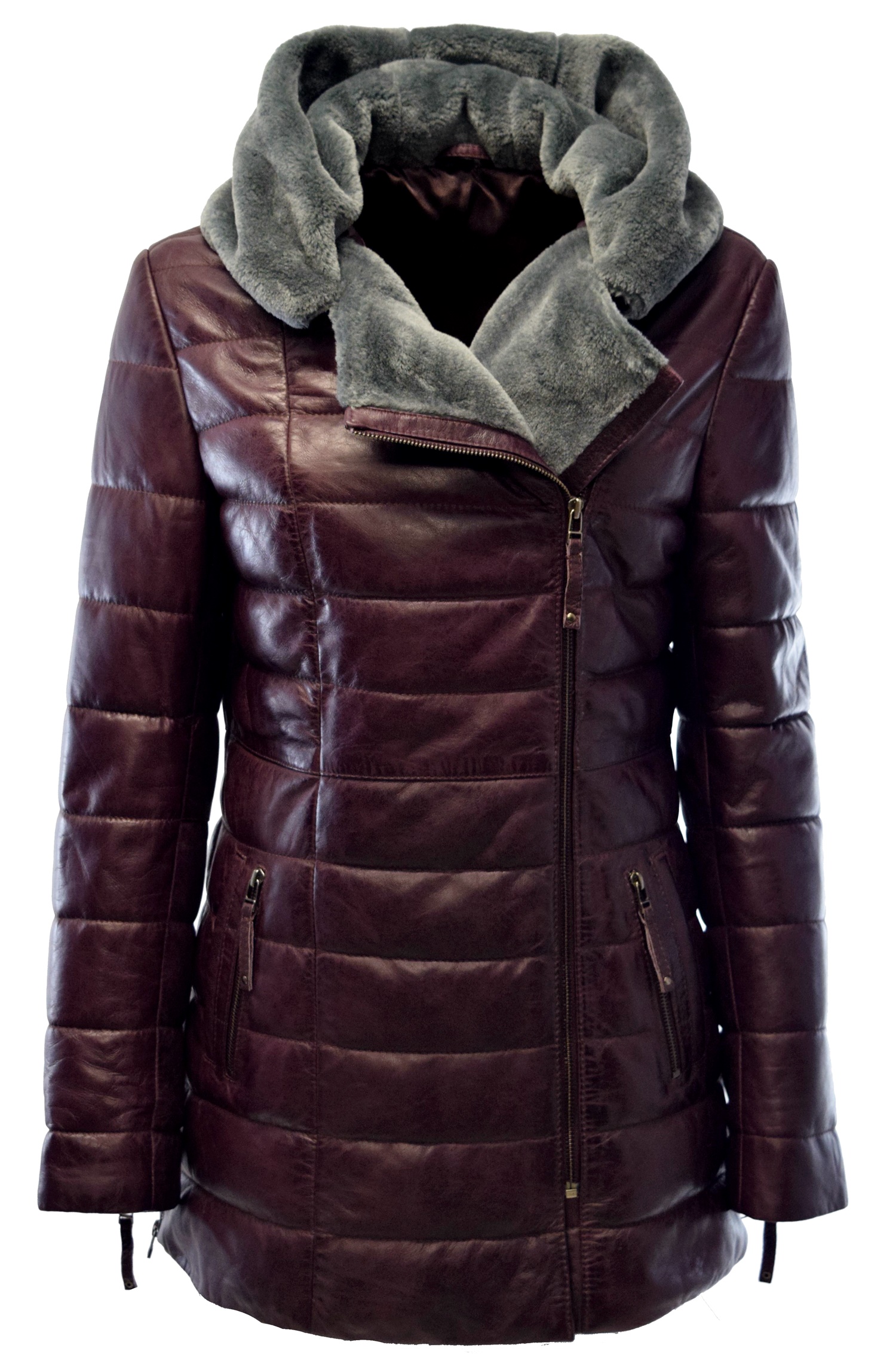 Damen Ledermantel Cindy mit Kapuzenkragen in Burgundy
