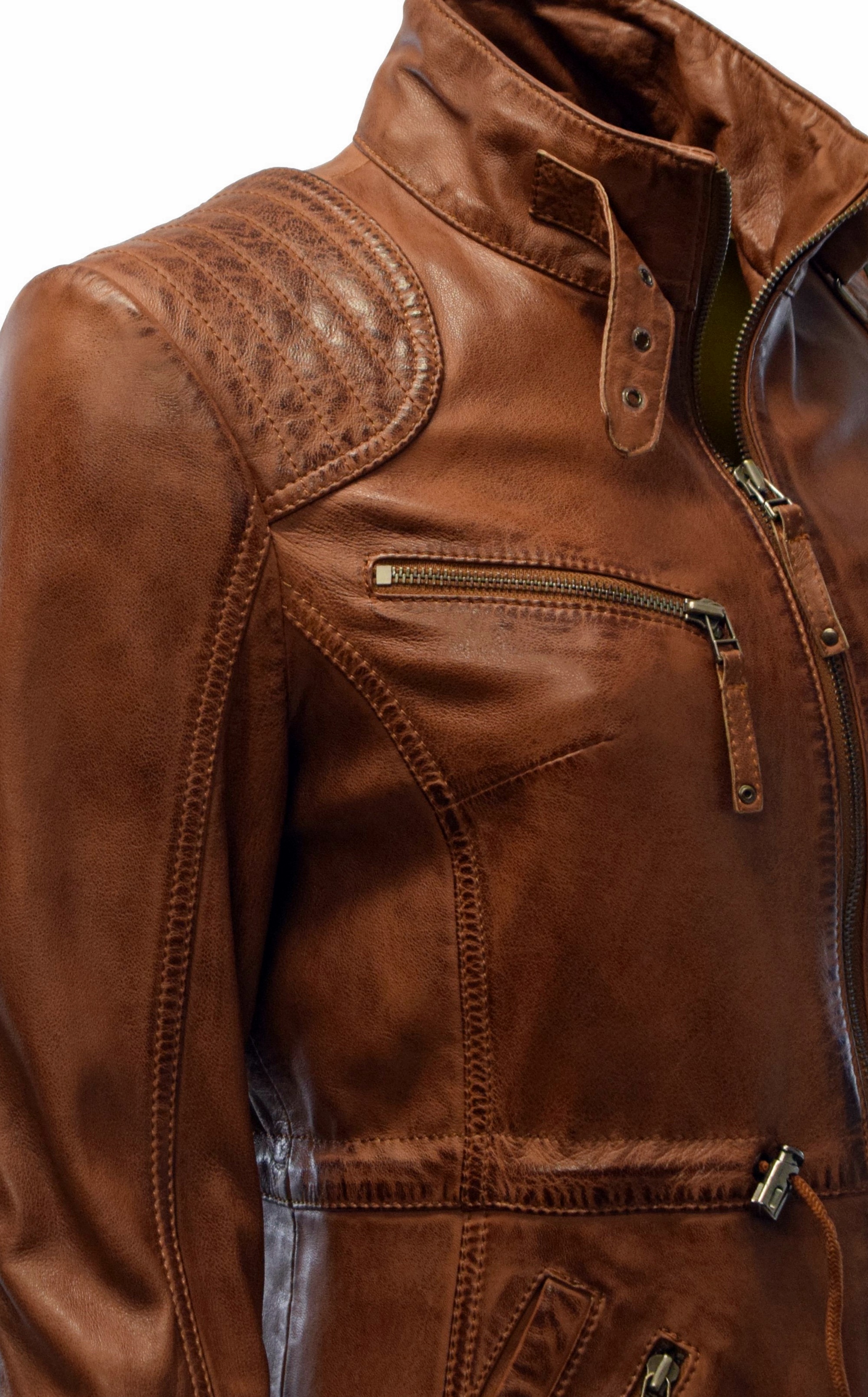 Damen Lederjacke Klara gesteppt washed Cognac Braun