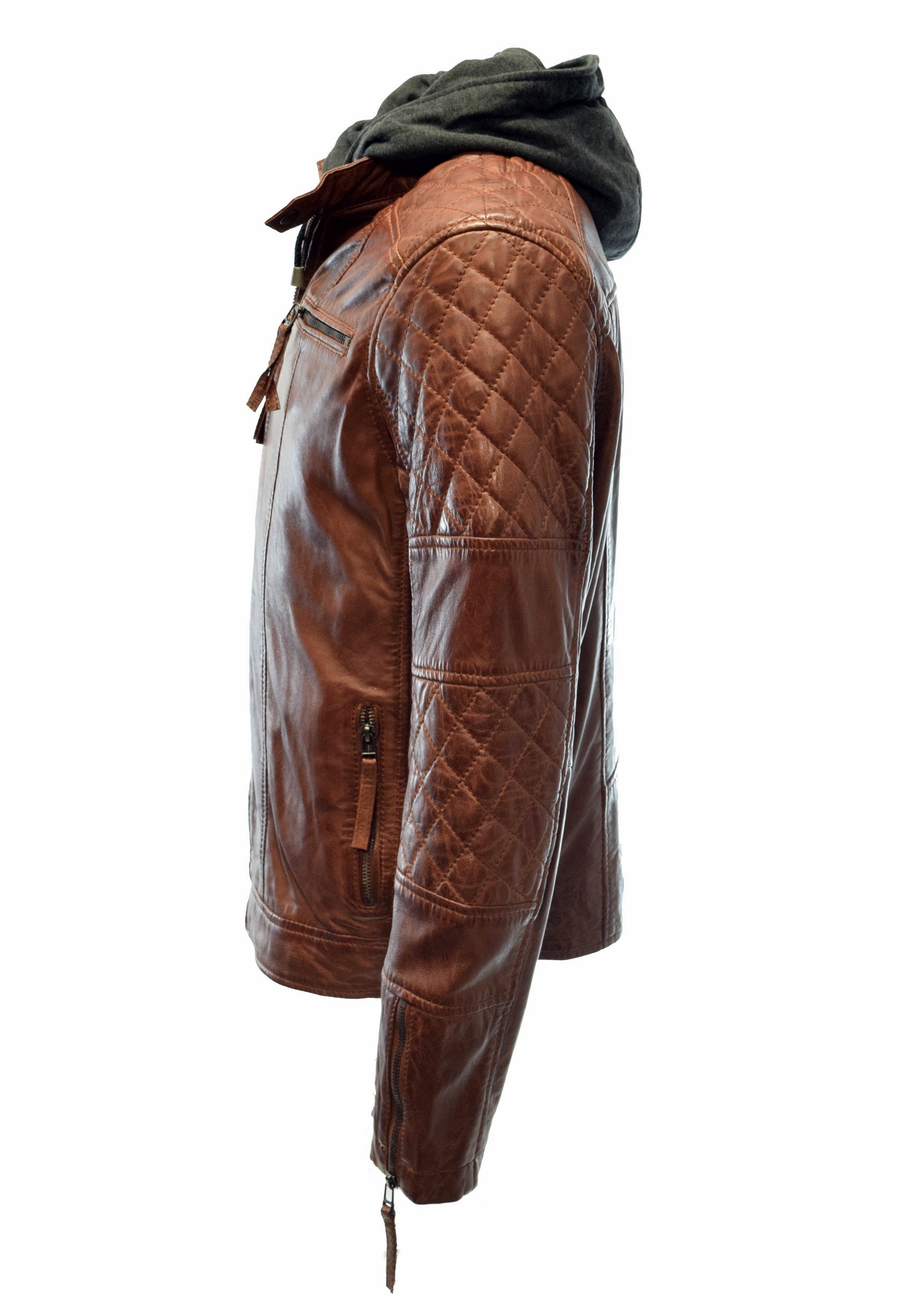 Herren Lederjacke Alex II gesteppt in washed Tabak mit Kapuze