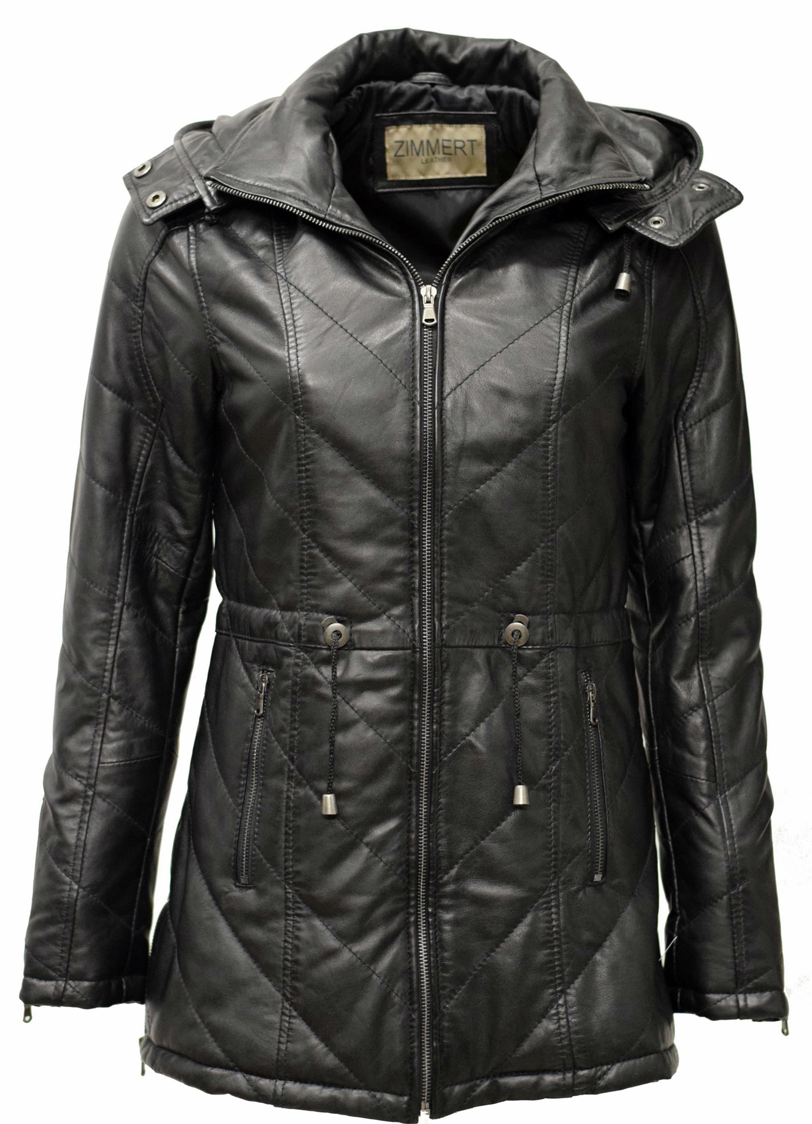 Damen Stepp- Lederparka Jacque mit Kapuze in washed Schwarz