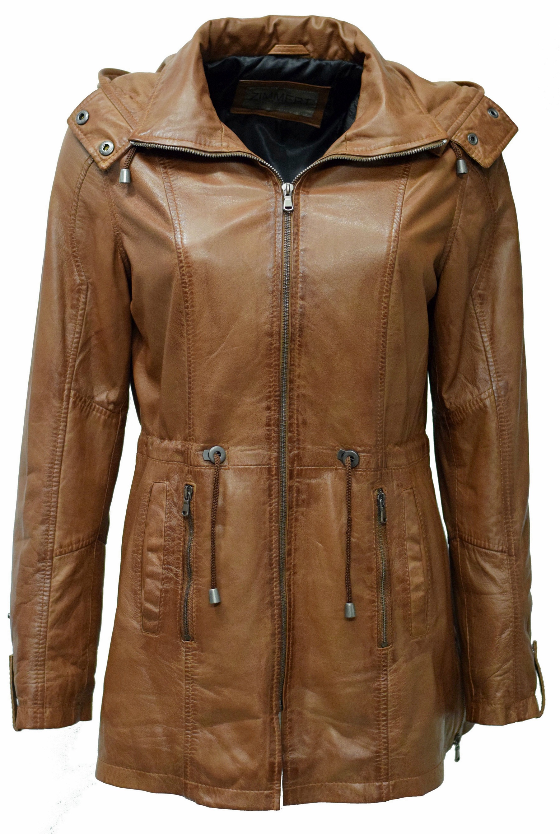 Damen Lederparka Helene mit Kapuze in washed Cognac