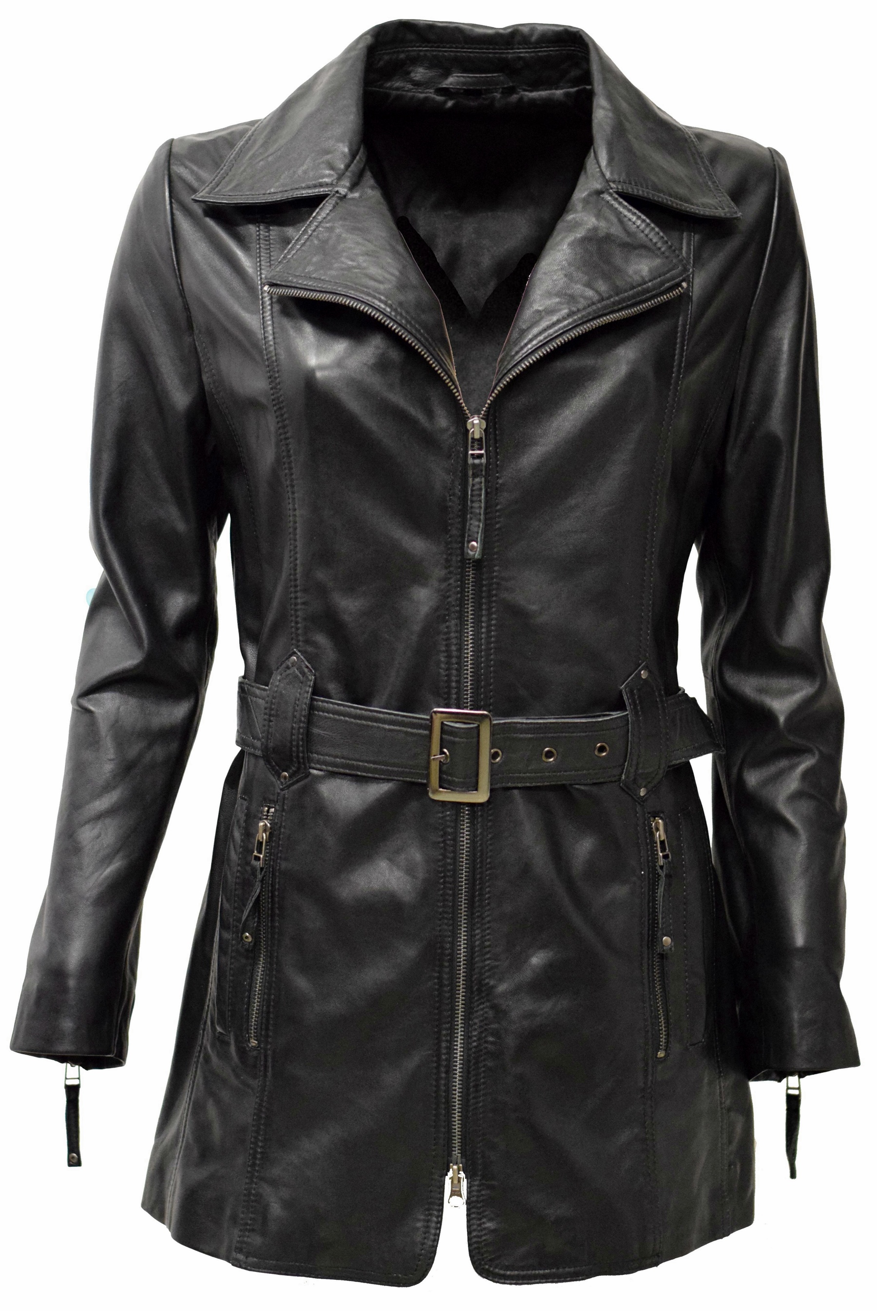Damen Ledermantel Lara in washed Schwarz