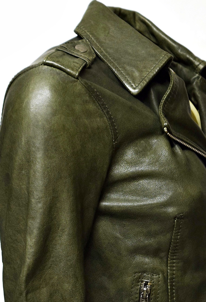Damen Biker Lederjacke Amalia in Khaki Grün