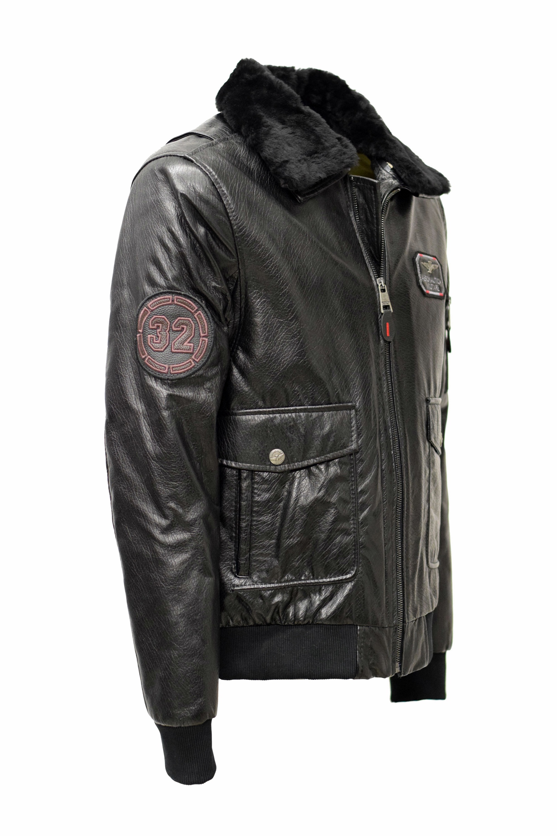 Herren Lederjacke Aero mit abnehmbaren Lammfellkragen in Schwarz