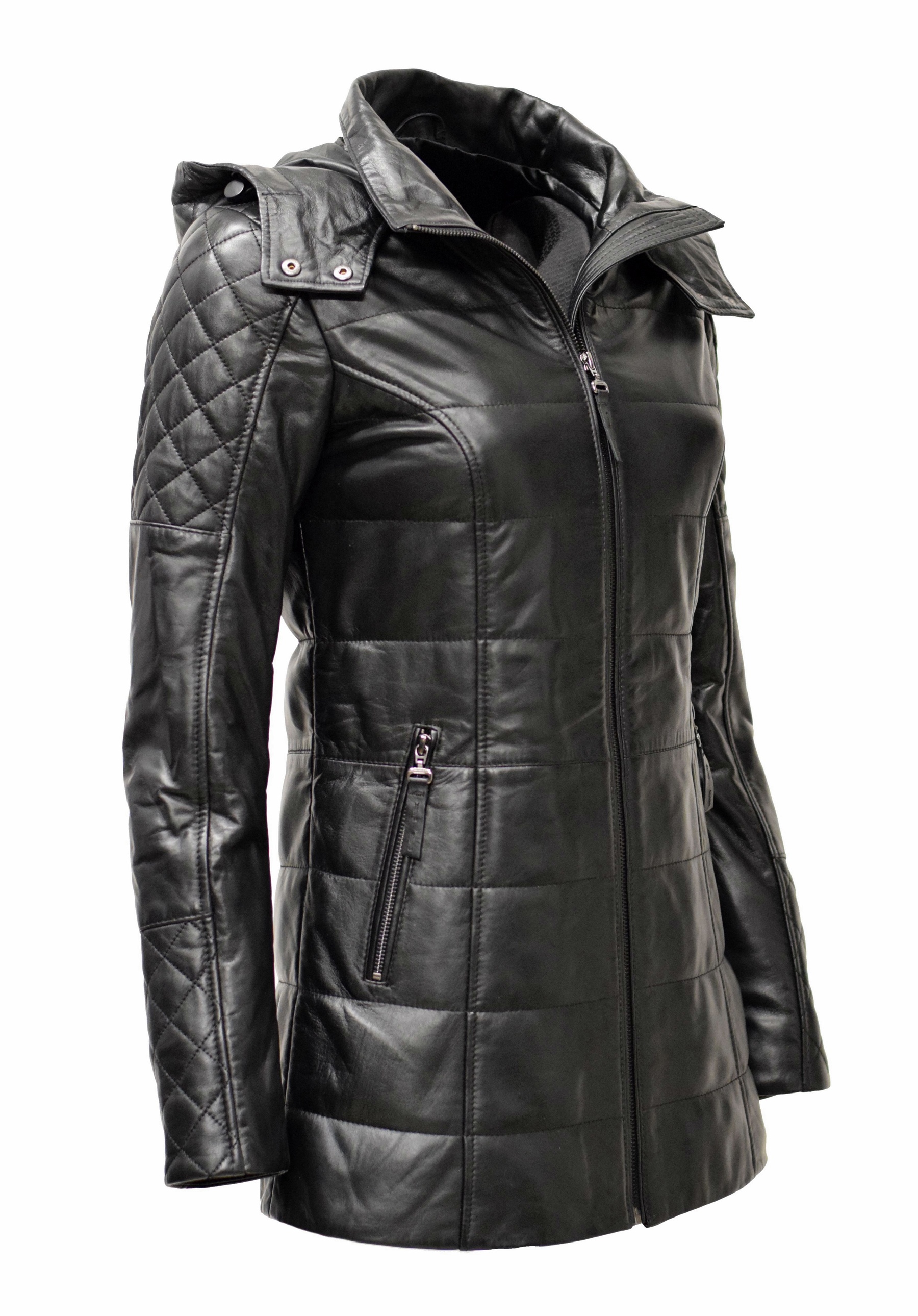 Damen Lederparka Rita mit Kapuze in fine Schwarz