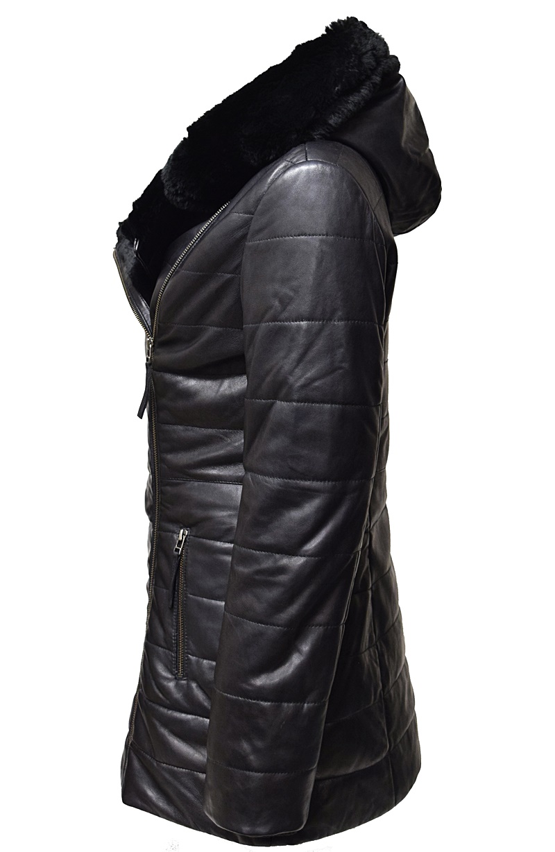 Damen Ledermantel Cindy mit Kapuzenkragen in Schwarz