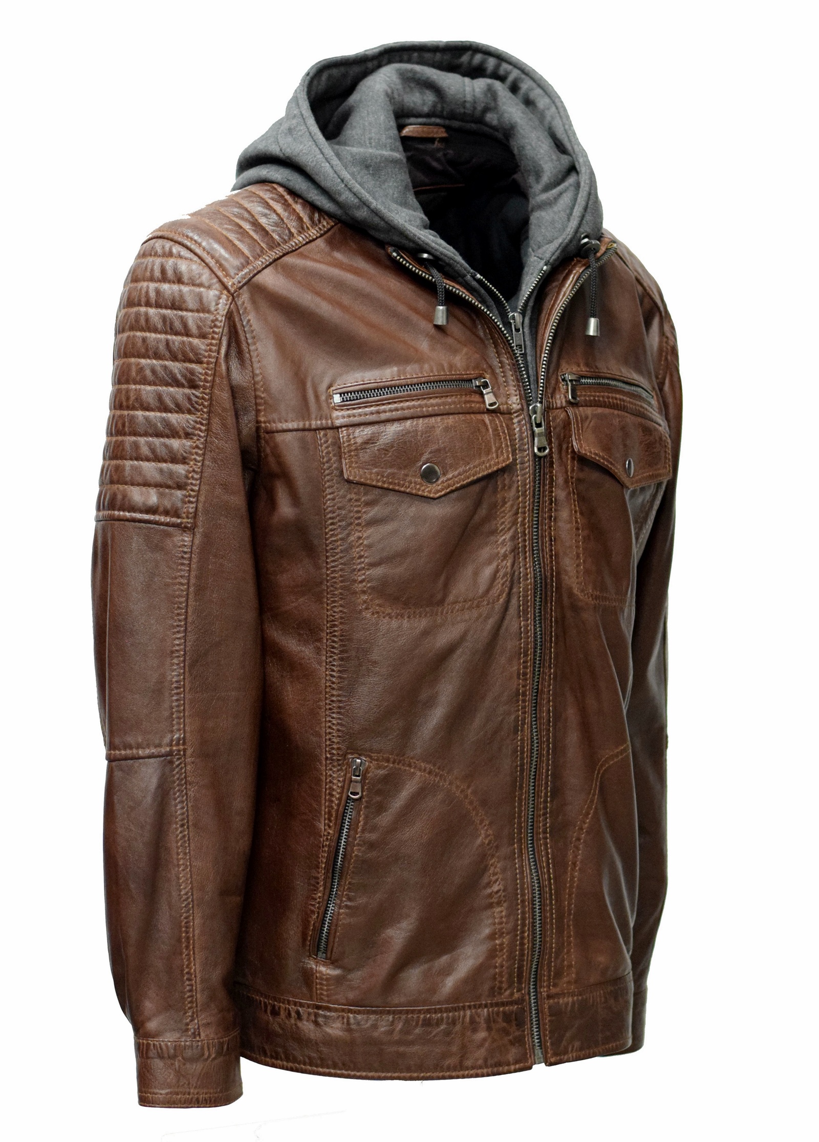 Herren Lederjacke Gernd mit Kapuze washed Kastanie Braun